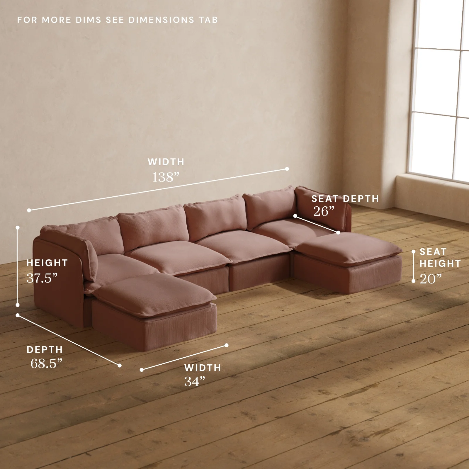 Modular Washable 4-Seater U-Sectional in Sakura | Deluxe+ Seat | Cloud Pillow - Image 5