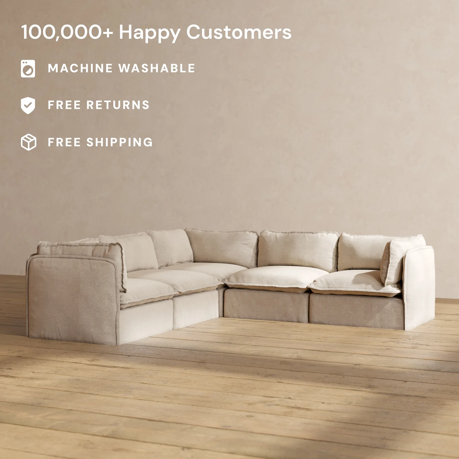 Modular Washable 5-Seater Corner Sectional in Oat | Deluxe+ Seat | Cloud Pillow - Image 2