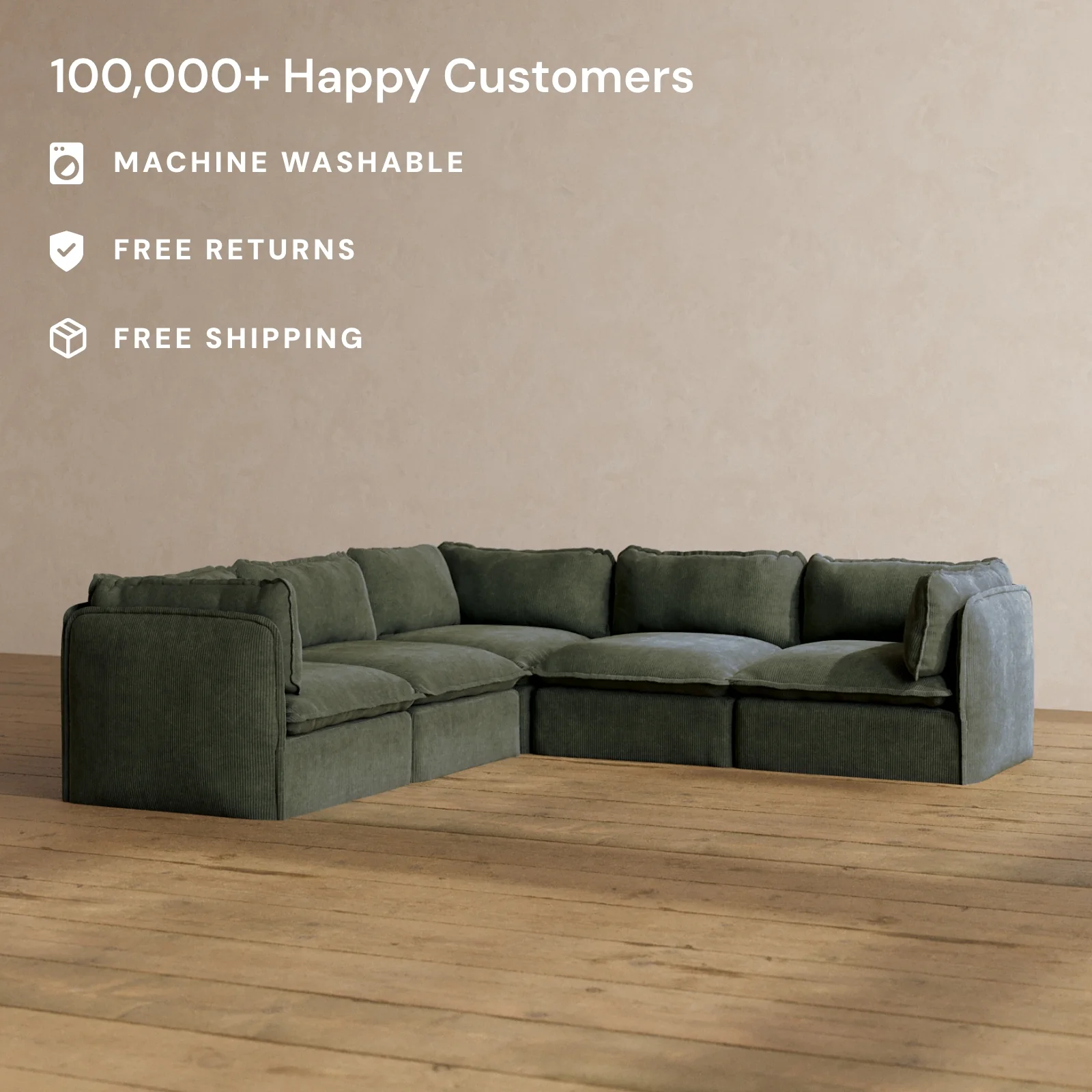 Modular Washable 5-Seater Corner Sectional in Olivine | Deluxe+ Seat | Cloud Pillow - Image 2
