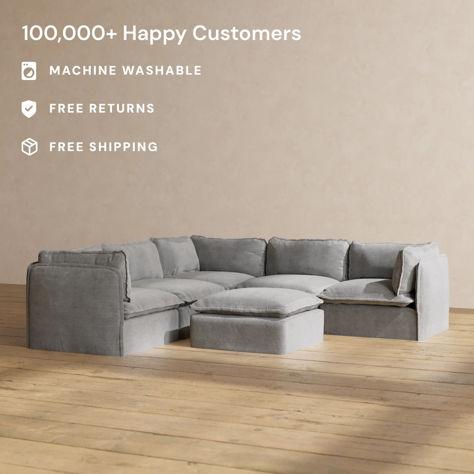Modular Washable 5-Seater Corner Sectional + Ottoman in Ash | Deluxe+ Seat | Cloud Pillow - Image 2
