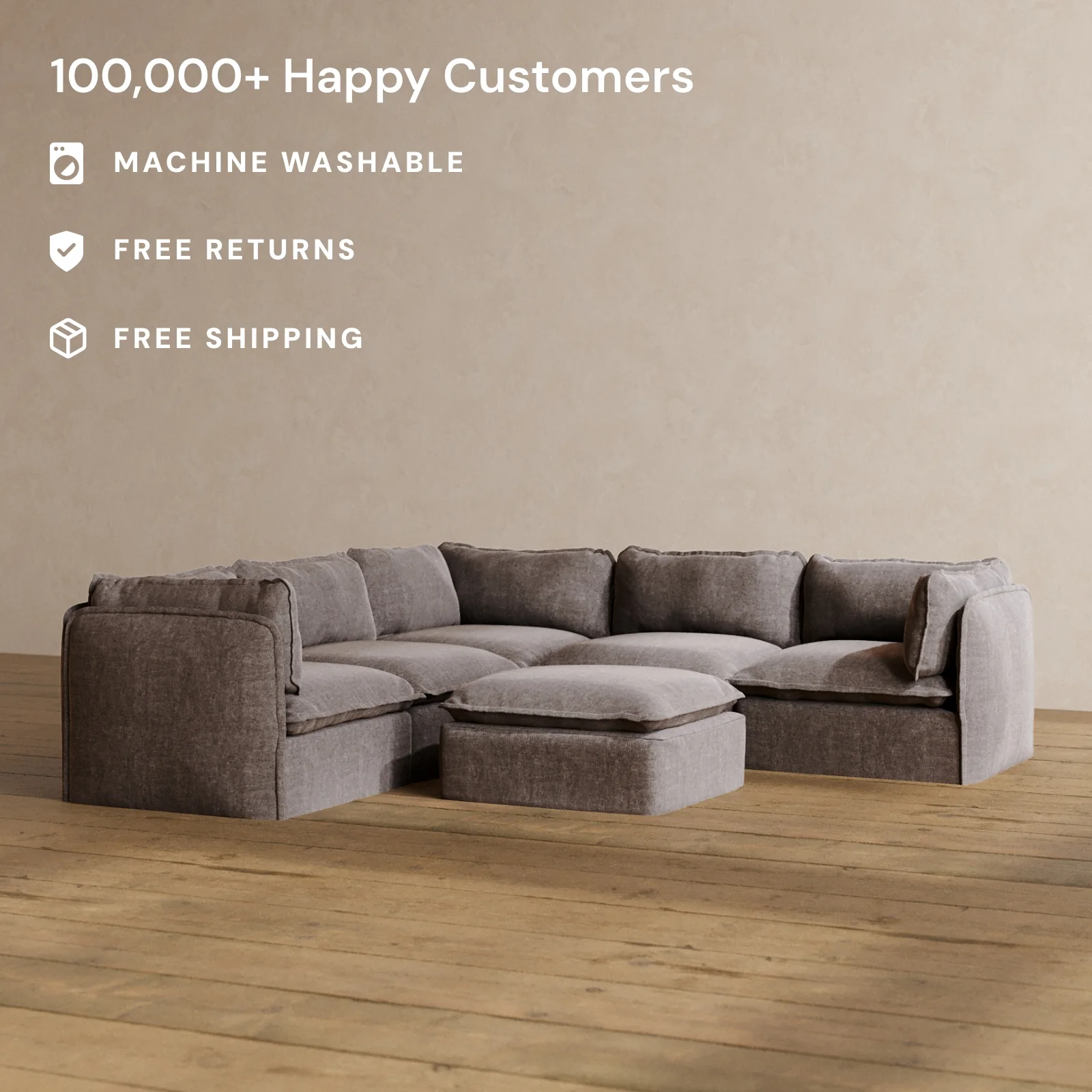 Modular Washable 5-Seater Corner Sectional + Ottoman in Caviar | Deluxe+ Seat | Cloud Pillow - Image 2