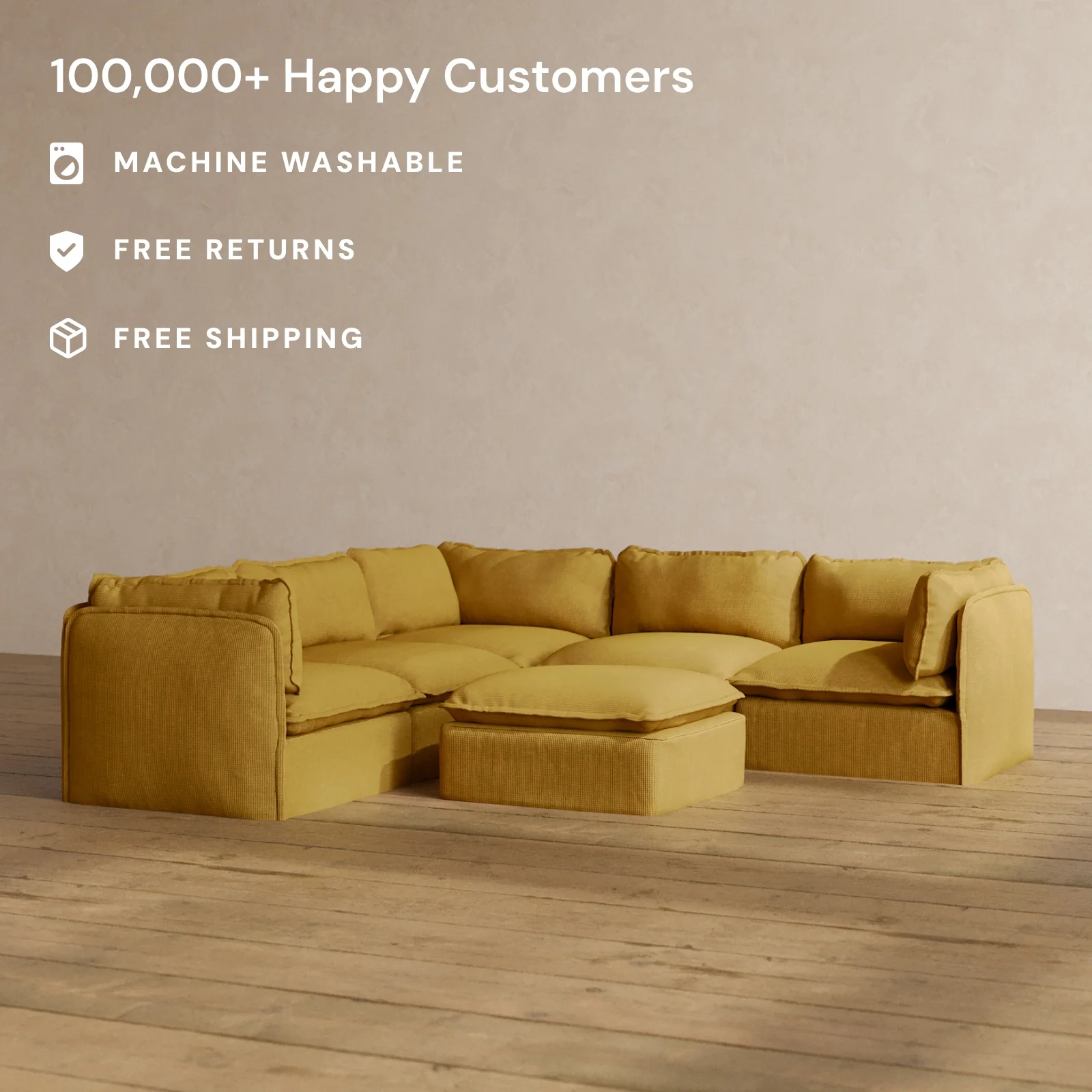 Modular Washable 5-Seater Corner Sectional + Ottoman in Kiiro | Memorix+ Seat | Contour Pillow - Image 2