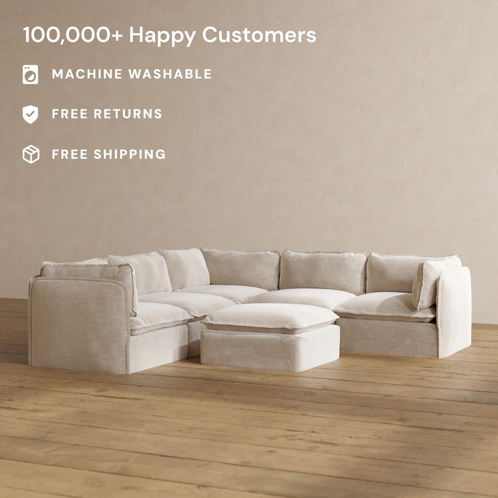 Modular Washable 5-Seater Corner Sectional + Ottoman in Mist | Deluxe+ Seat | Cloud Pillow - Image 2