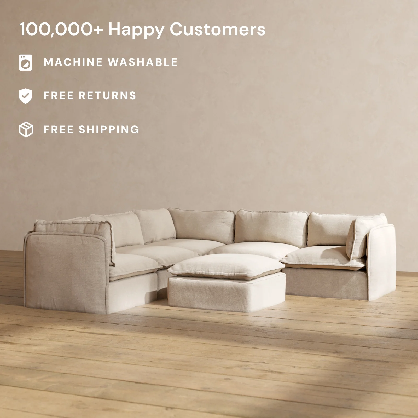 Modular Washable 5-Seater Corner Sectional + Ottoman in Oat | Deluxe+ Seat | Cloud Pillow - Image 2