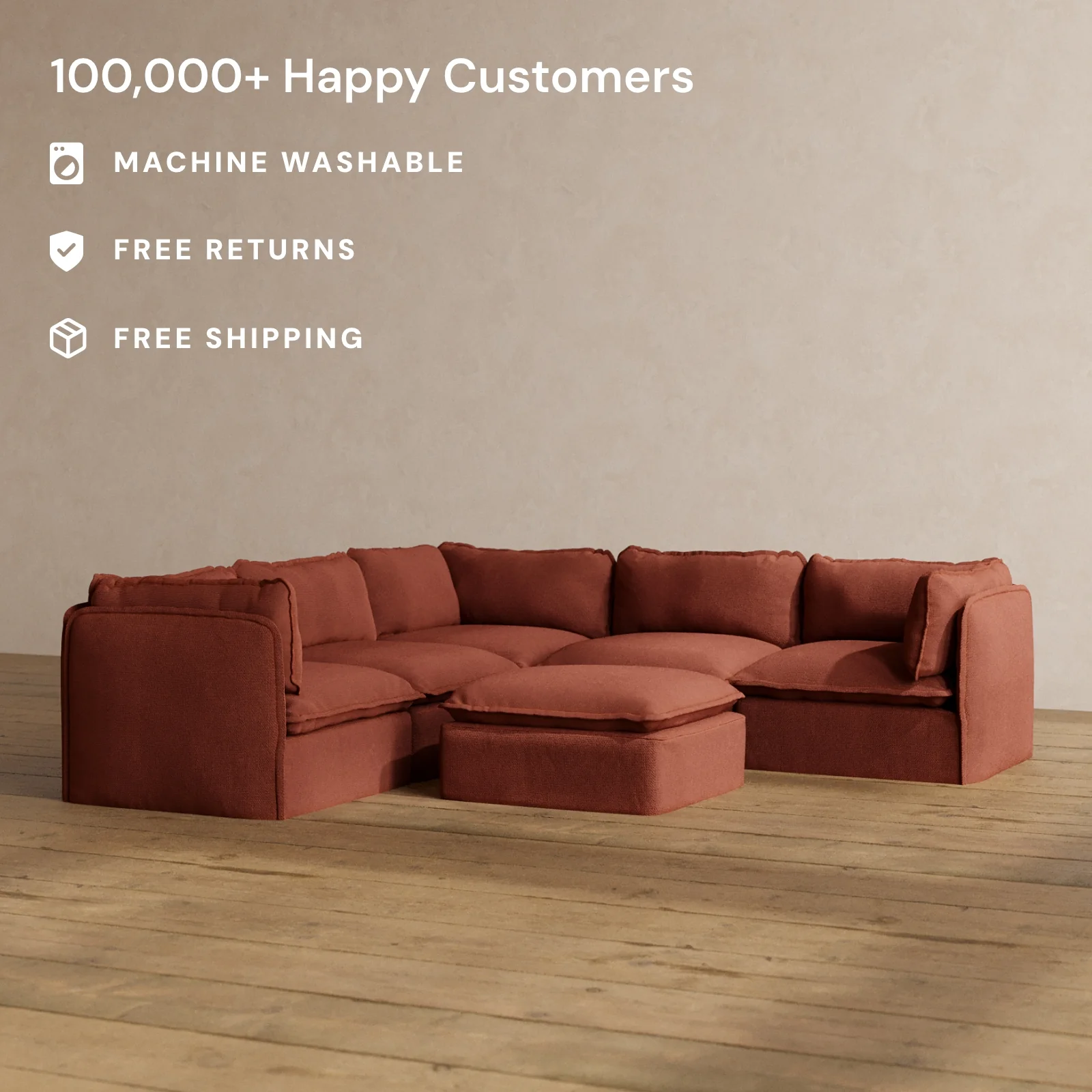 Modular Washable 5-Seater Corner Sectional + Ottoman in Rust | Memorix+ Seat | Contour Pillow - Image 2