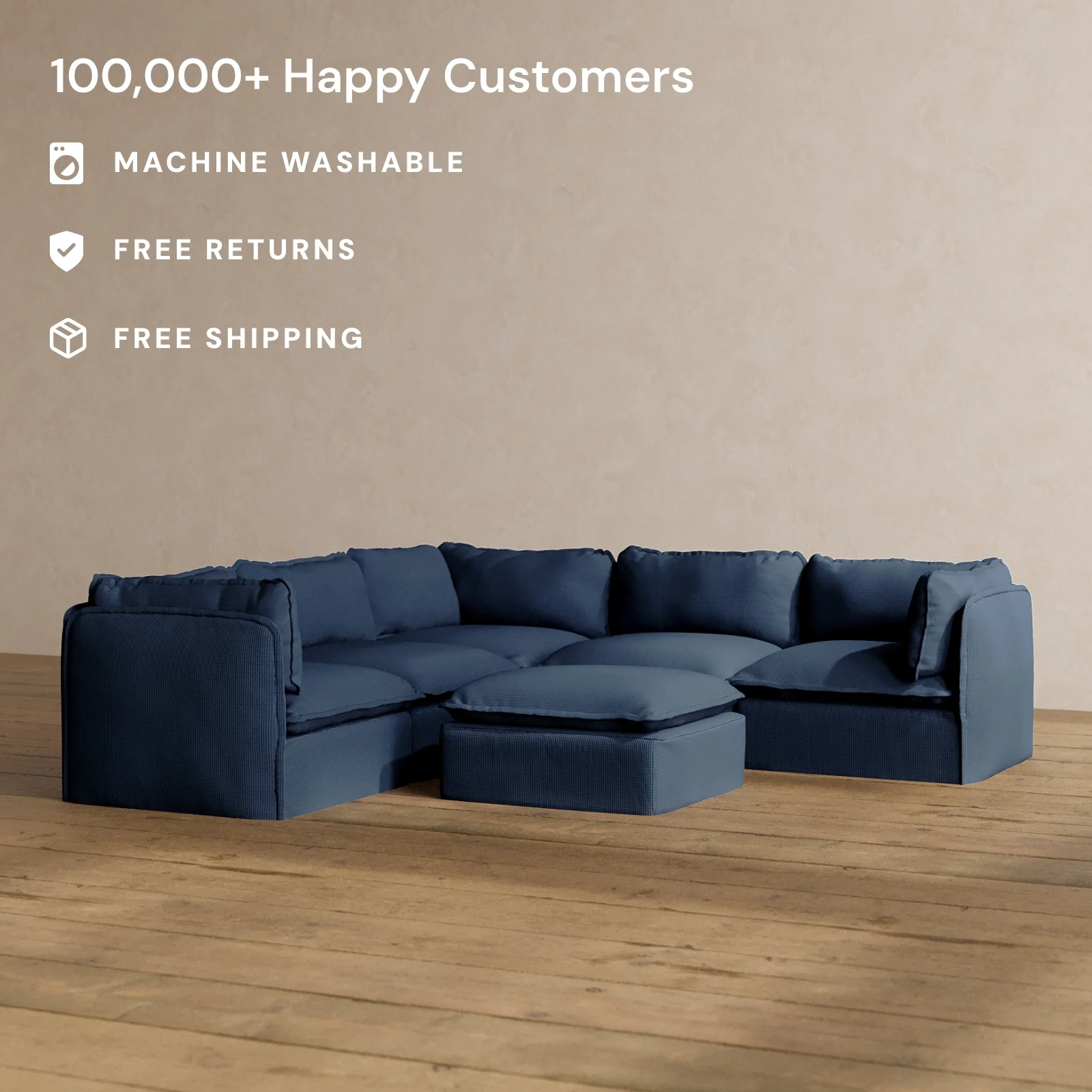 Modular Washable 5-Seater Corner Sectional + Ottoman in Sumi | Deluxe+ Seat | Cloud Pillow - Image 2