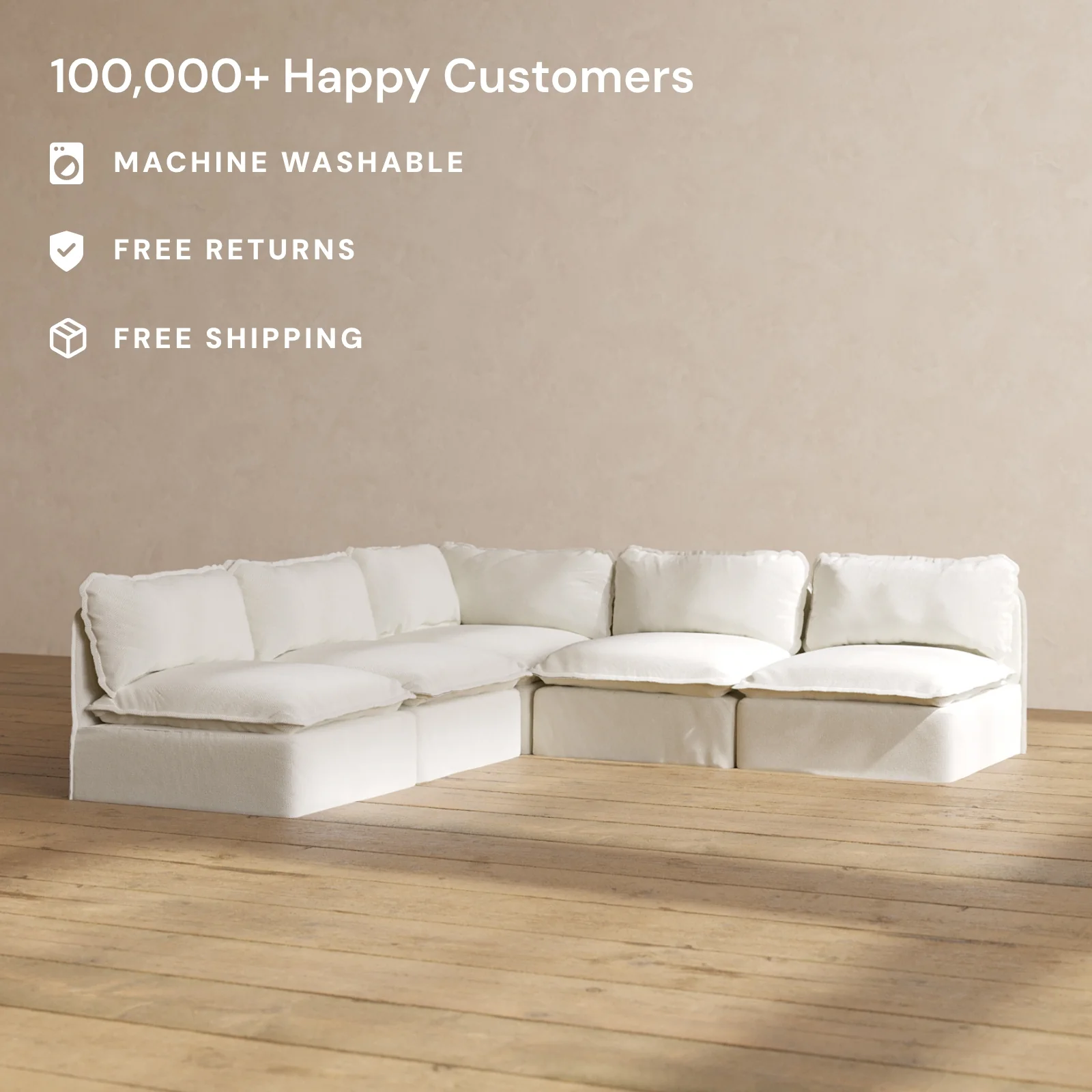 Modular Washable 5-Seater Open-Ends Corner Sectional in Eggshell | Memorix+ Seat | Contour Pillow - Image 2