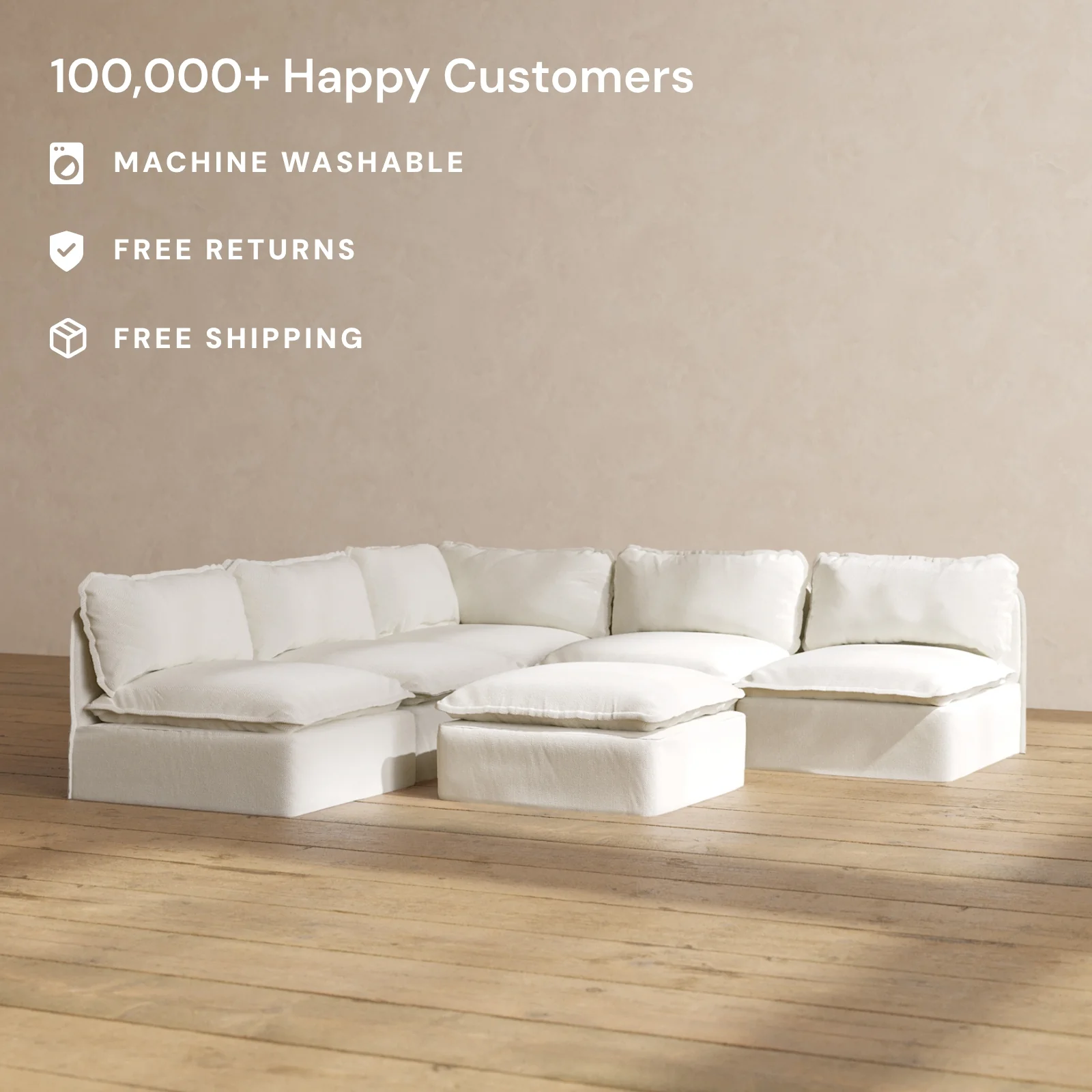 Modular Washable 5-Seater Open-Ends Corner Sectional + Ottoman in Eggshell | Deluxe+ Seat | Cloud Pillow - Image 2