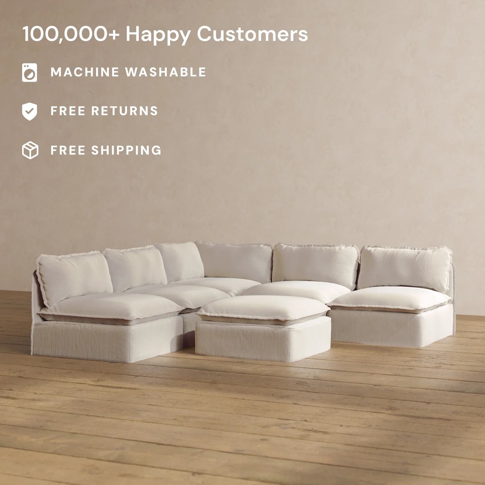 Modular Washable 5-Seater Open-Ends Corner Sectional + Ottoman in Milk | Memorix+ Seat | Contour Pillow - Image 2