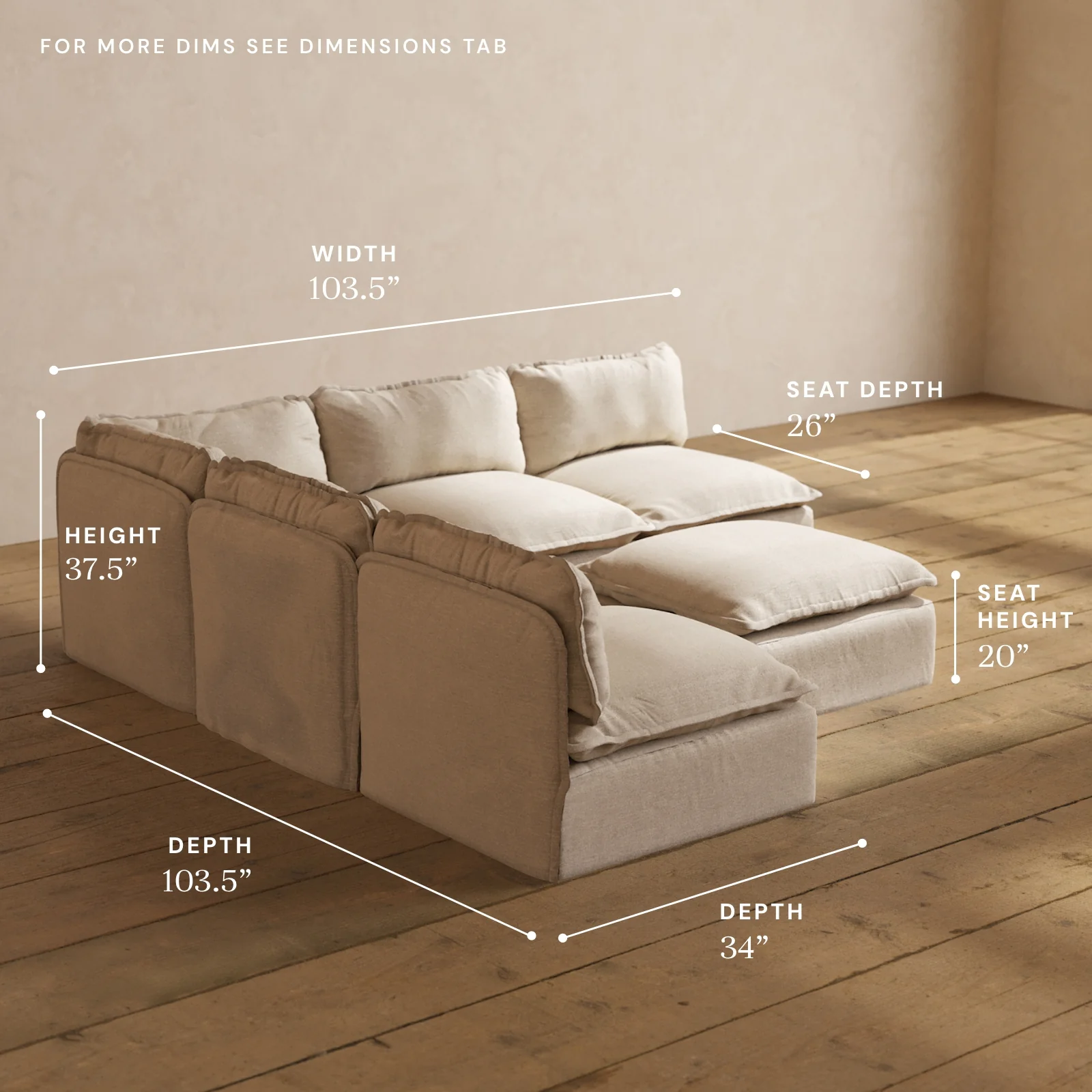 Modular Washable 5-Seater Open-Ends Corner Sectional + Ottoman in Oat | Deluxe+ Seat | Cloud Pillow - Image 5