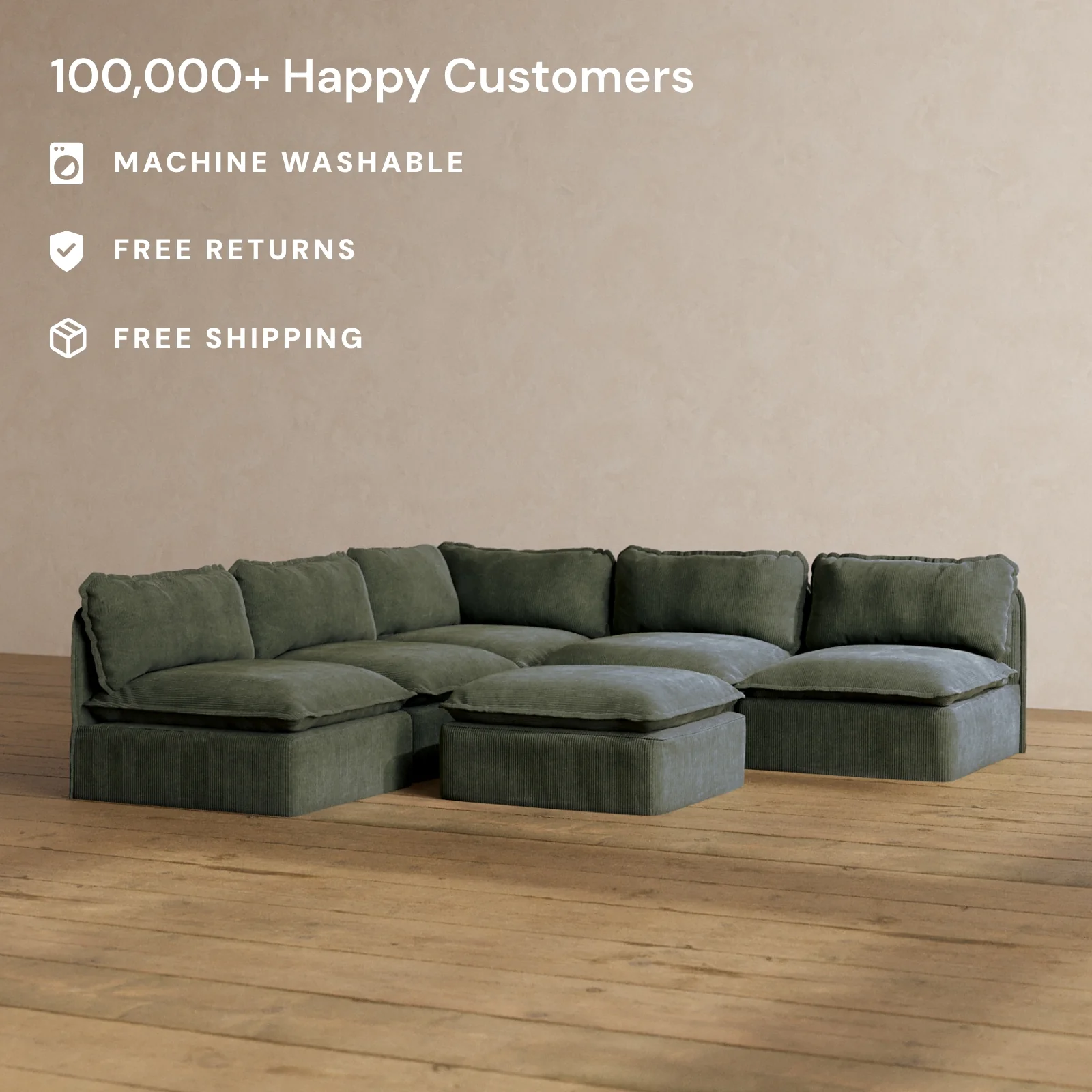 Modular Washable 5-Seater Open-Ends Corner Sectional + Ottoman in Olivine | Deluxe+ Seat | Cloud Pillow - Image 2