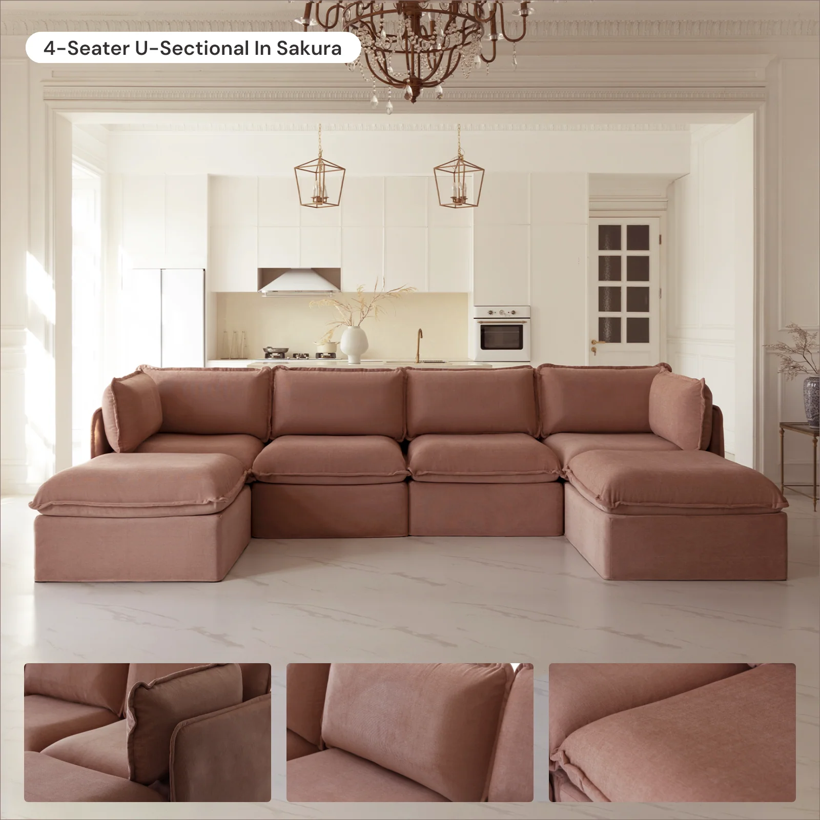 Modular Washable 5-Seater Open-Ends Corner Sectional + Ottoman in Sakura | Deluxe+ Seat | Cloud Pillow - Image 7