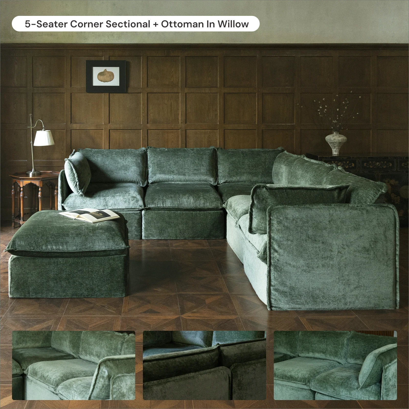 Modular Washable 5-Seater Open-Ends Corner Sectional + Ottoman in Willow | Deluxe+ Seat | Cloud Pillow - Image 7