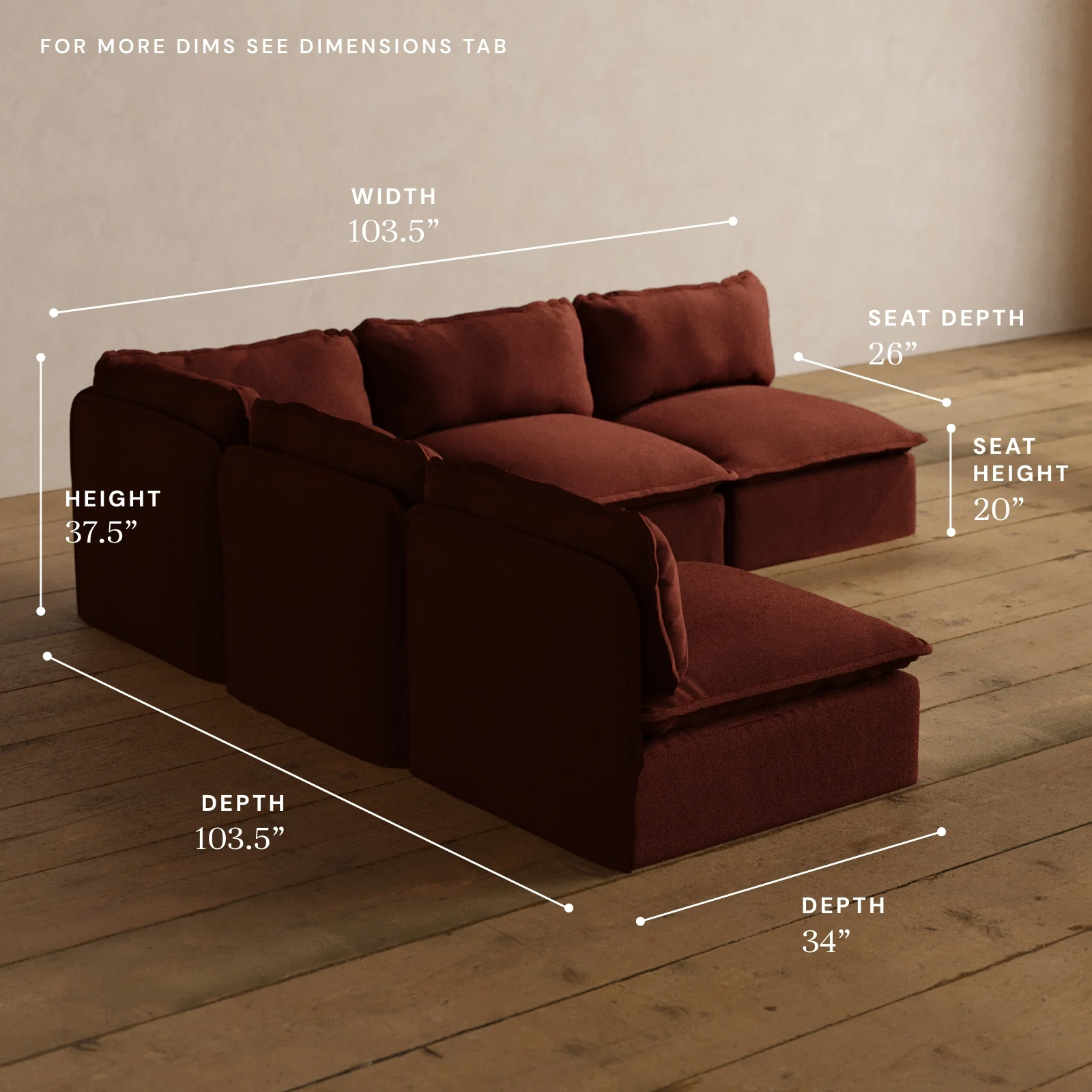 Modular Washable 5-Seater Open-Ends Corner Sectional in Rust | Deluxe+ Seat | Cloud Pillow - Image 5