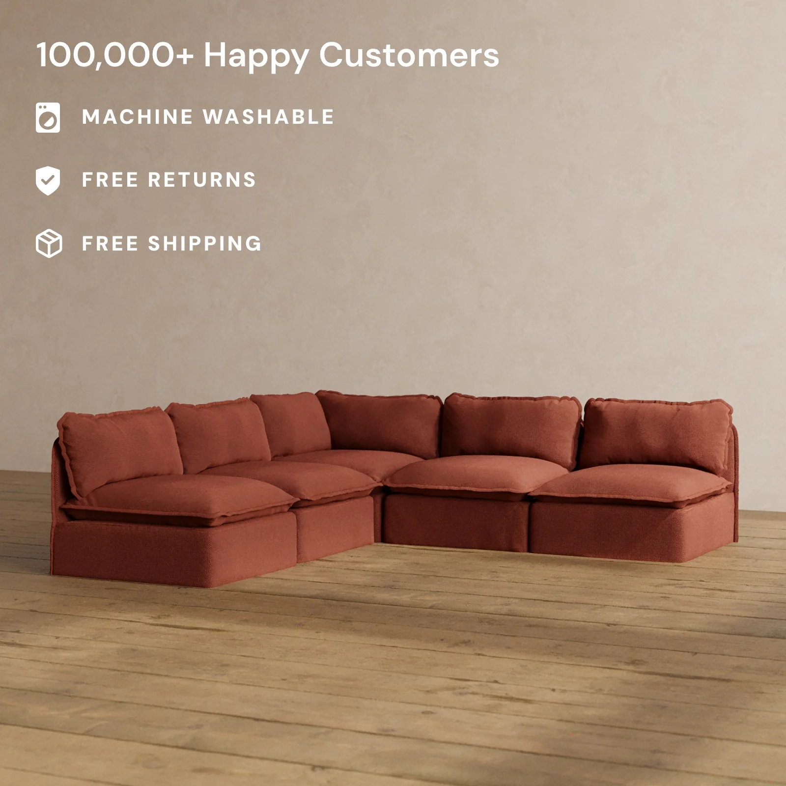 Modular Washable 5-Seater Open-Ends Corner Sectional in Rust | Memorix+ Seat | Contour Pillow - Image 2