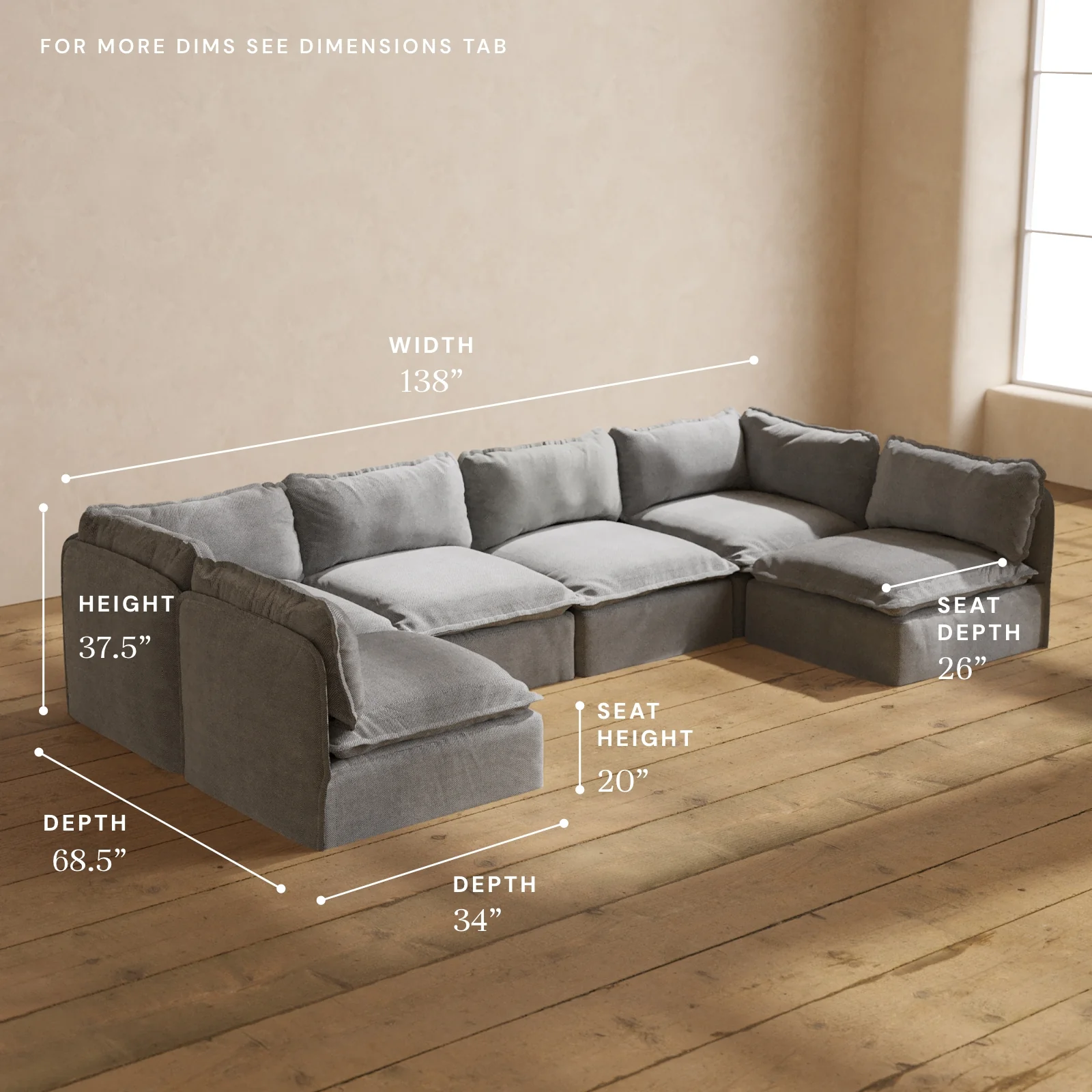 Modular Washable 6-Seater Open-Ends U-Sectional in Ash | Deluxe+ Seat | Cloud Pillow - Image 5