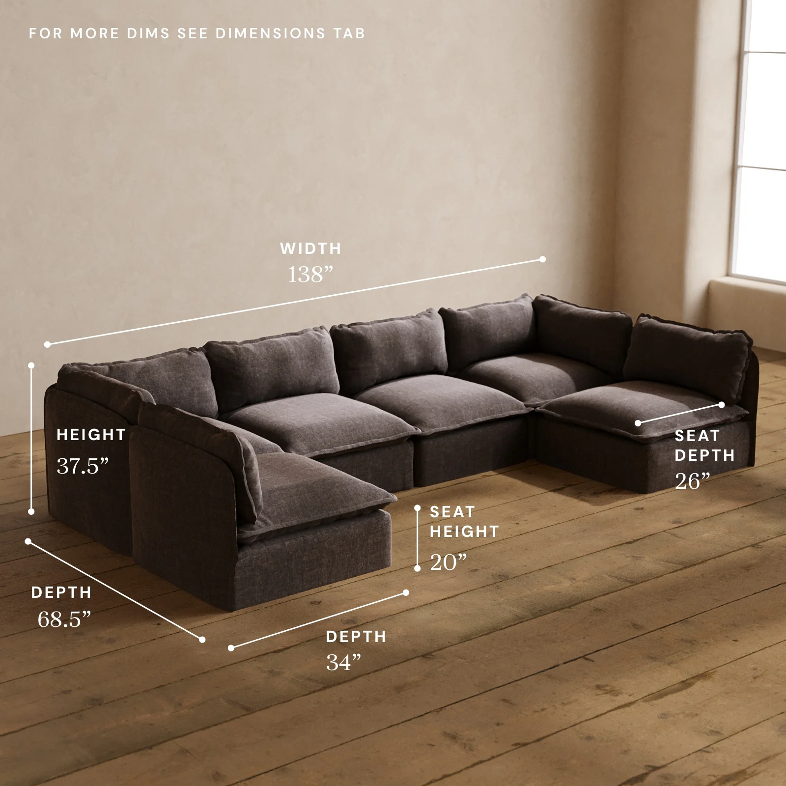 Modular Washable 6-Seater Open-Ends U-Sectional in Caviar | Memorix+ Seat | Contour Pillow - Image 5