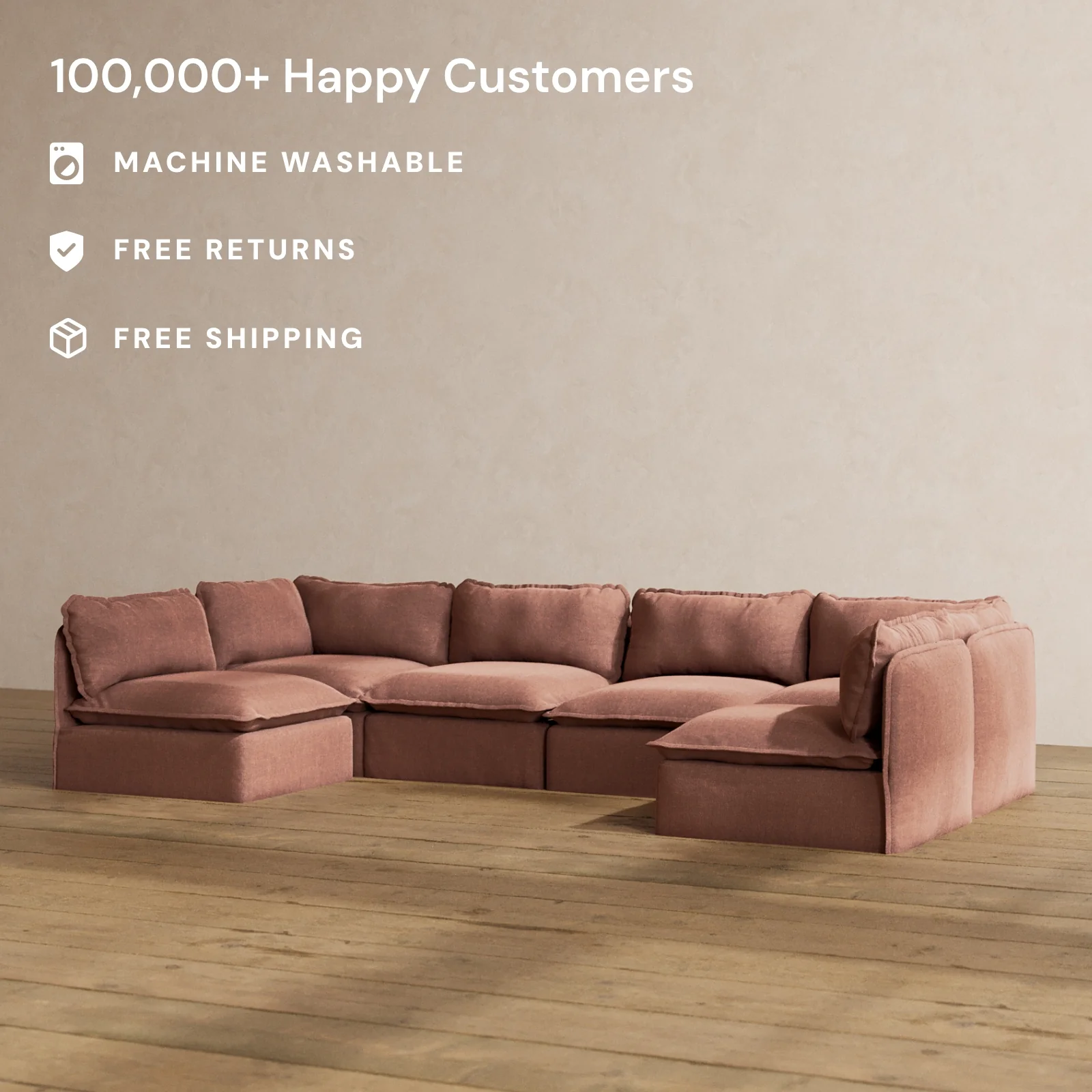 Modular Washable 6-Seater Open-Ends U-Sectional in Chestnut | Deluxe+ Seat | Cloud Pillow - Image 2