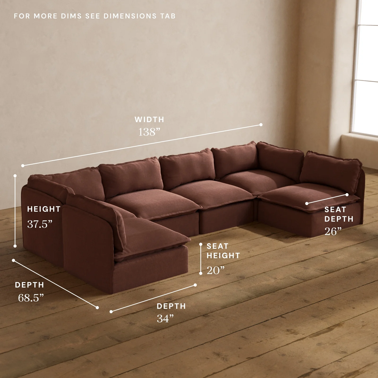 Modular Washable 6-Seater Open-Ends U-Sectional in Chestnut | Deluxe+ Seat | Cloud Pillow - Image 5