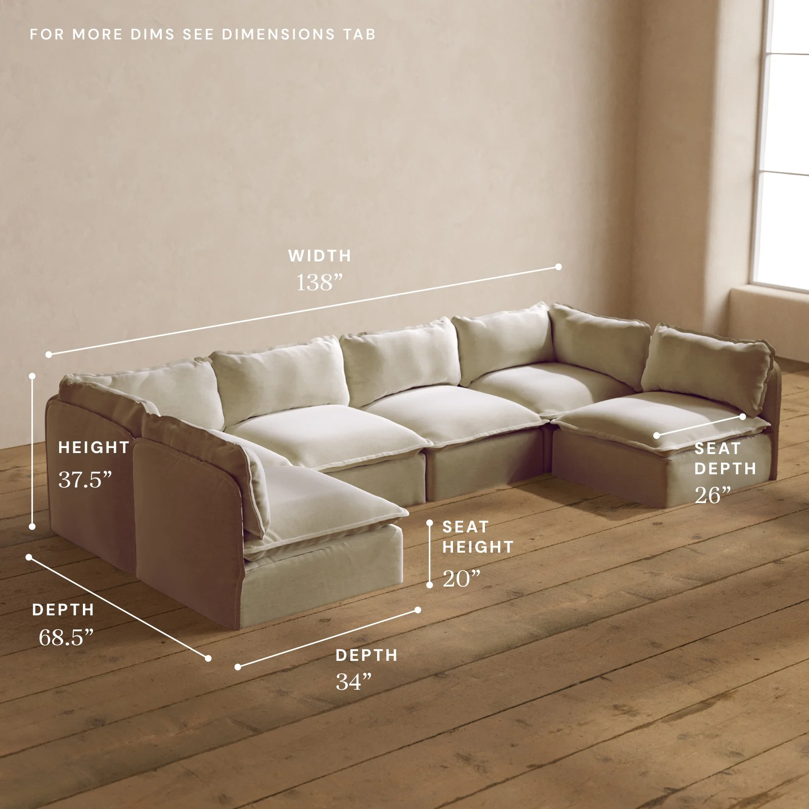Modular Washable 6-Seater Open-Ends U-Sectional in Coco | Deluxe+ Seat | Cloud Pillow - Image 5