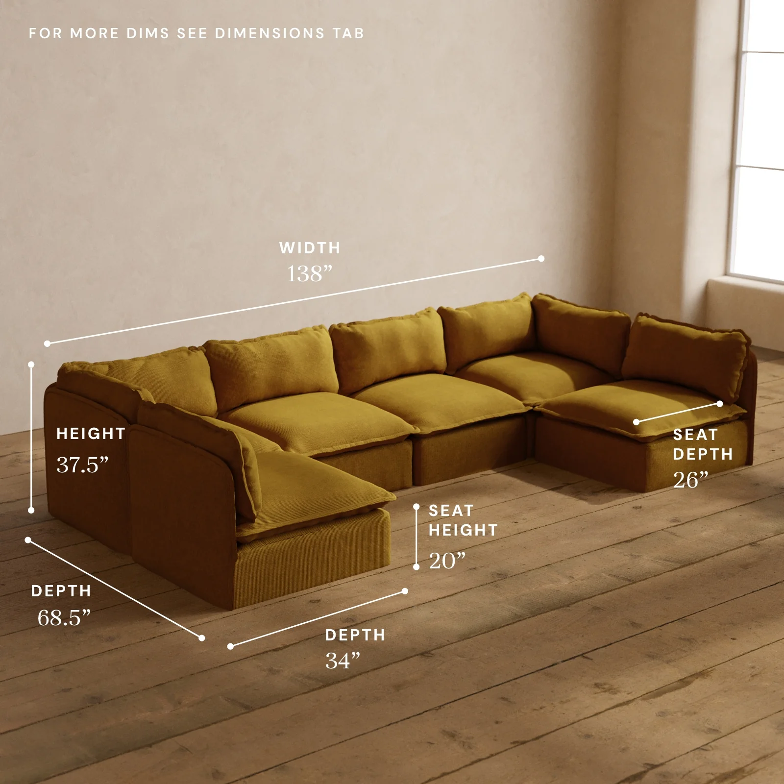 Modular Washable 6-Seater Open-Ends U-Sectional in Kiiro | Deluxe+ Seat | Cloud Pillow - Image 5