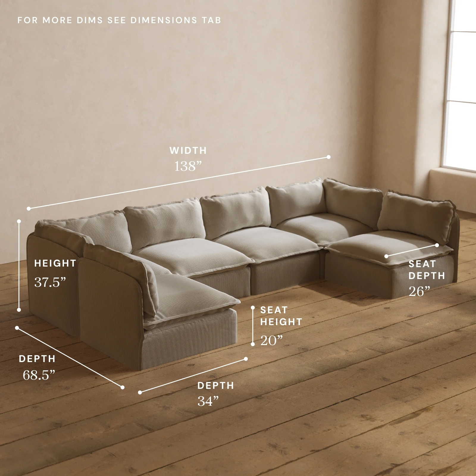 Modular Washable 6-Seater Open-Ends U-Sectional in Milk | Deluxe+ Seat | Cloud Pillow - Image 5