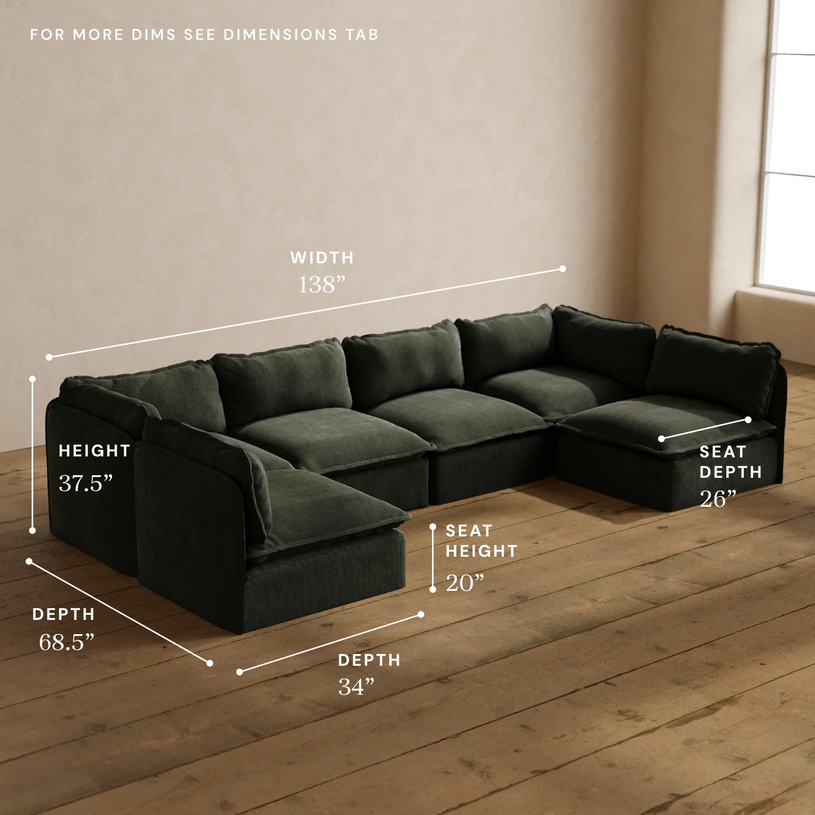 Modular Washable 6-Seater Open-Ends U-Sectional in Olivine | Memorix+ Seat | Contour Pillow - Image 5