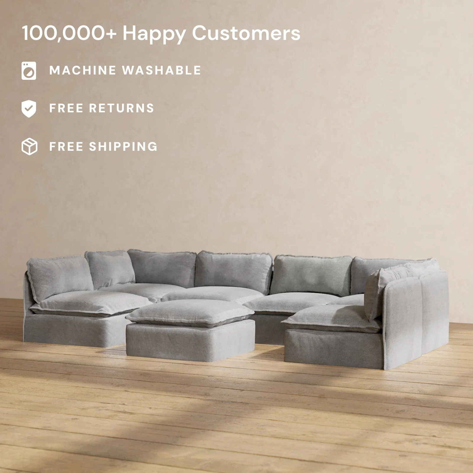 Modular Washable 6-Seater Open-Ends U-Sectional + Ottoman in Ash | Memorix+ Seat | Contour Pillow - Image 2