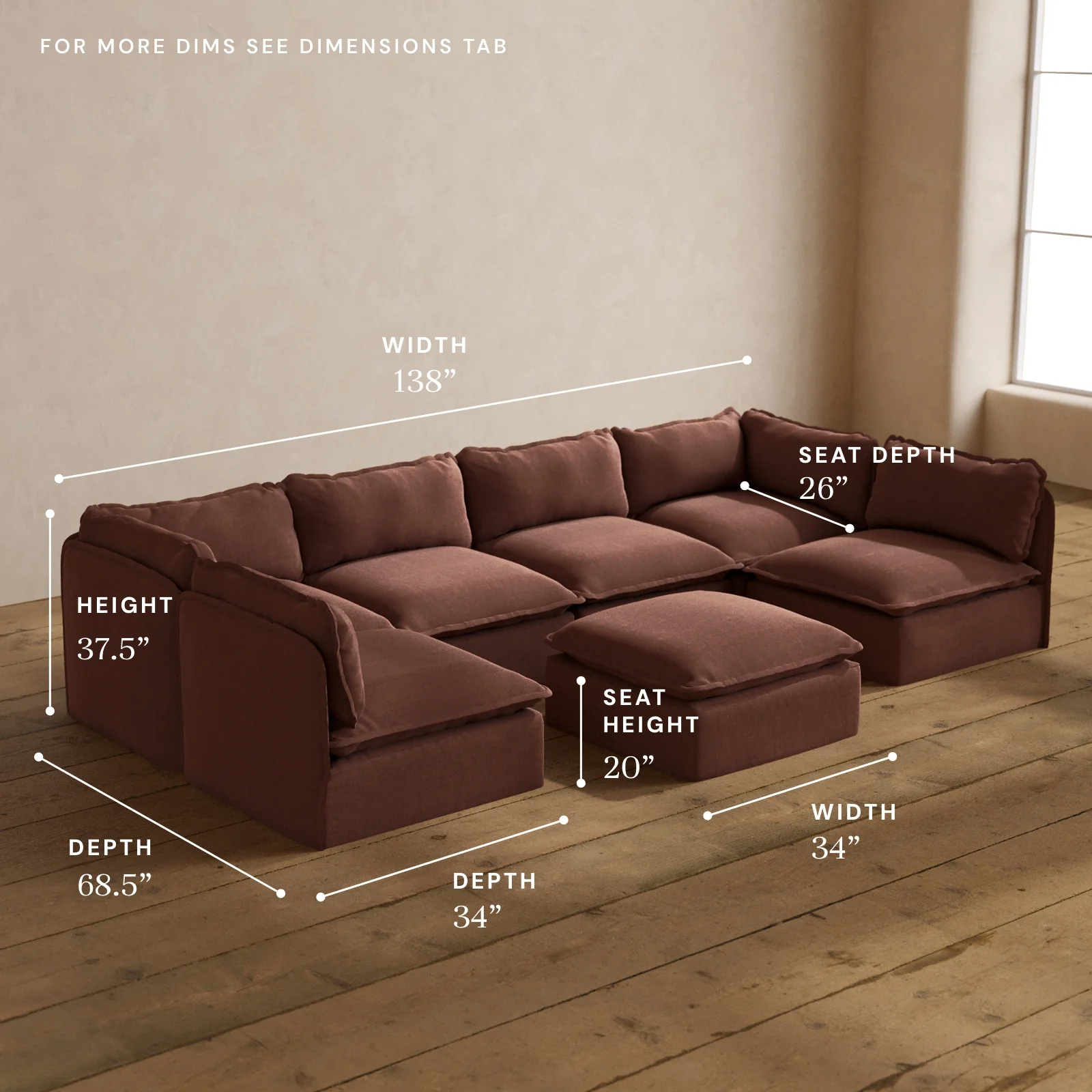 Modular Washable 6-Seater Open-Ends U-Sectional + Ottoman in Chestnut | Deluxe+ Seat | Cloud Pillow - Image 5