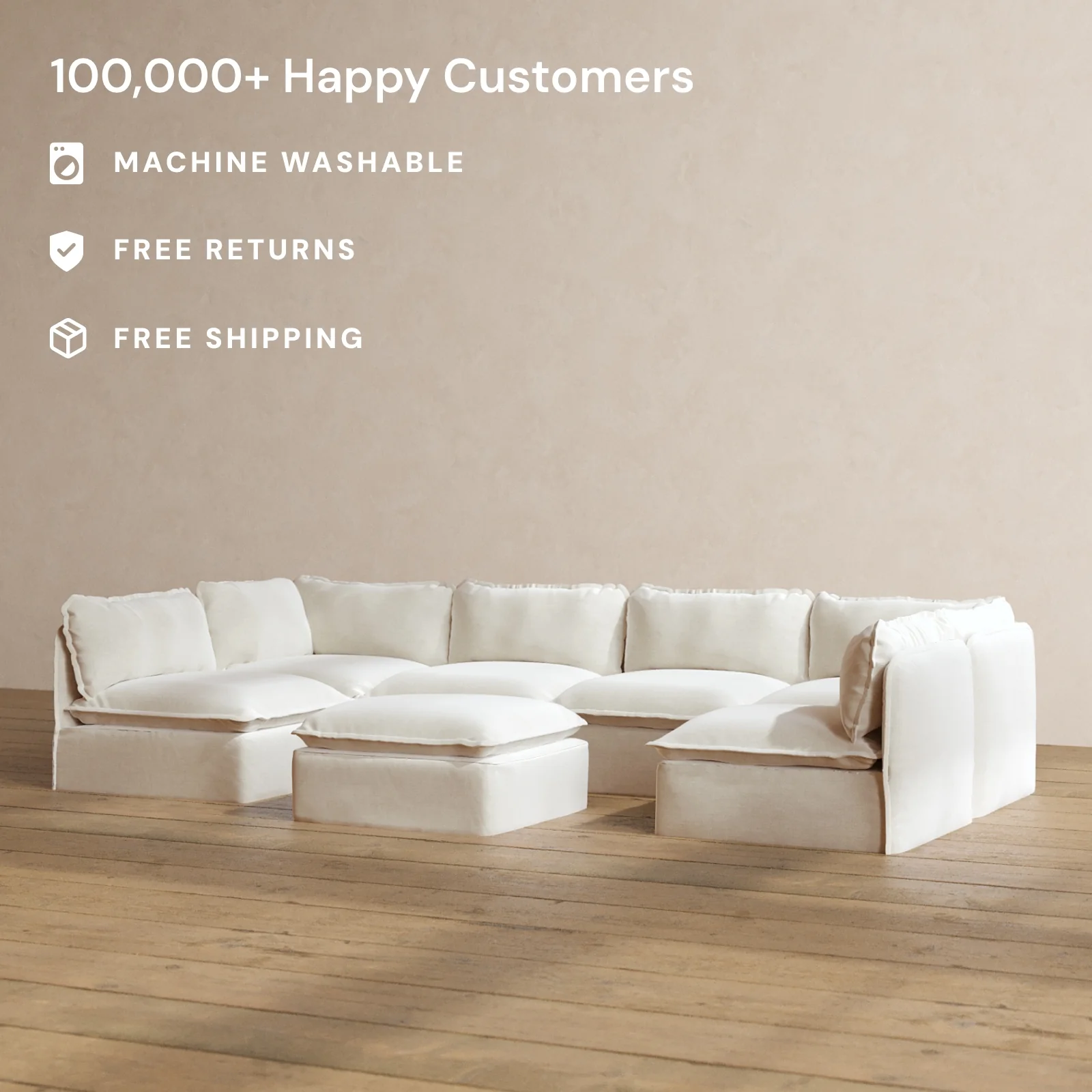 Modular Washable 6-Seater Open-Ends U-Sectional + Ottoman in Coco | Memorix+ Seat | Contour Pillow - Image 2