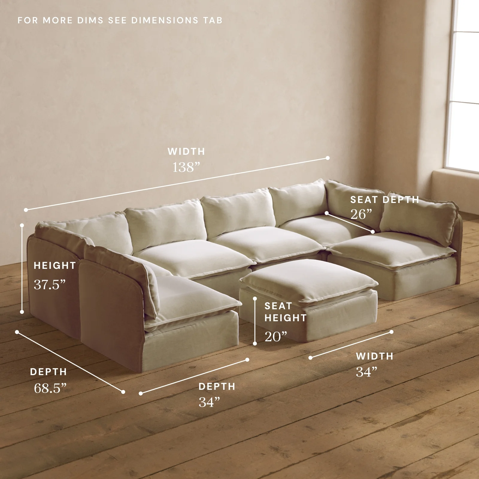 Modular Washable 6-Seater Open-Ends U-Sectional + Ottoman in Coco | Memorix+ Seat | Contour Pillow - Image 5