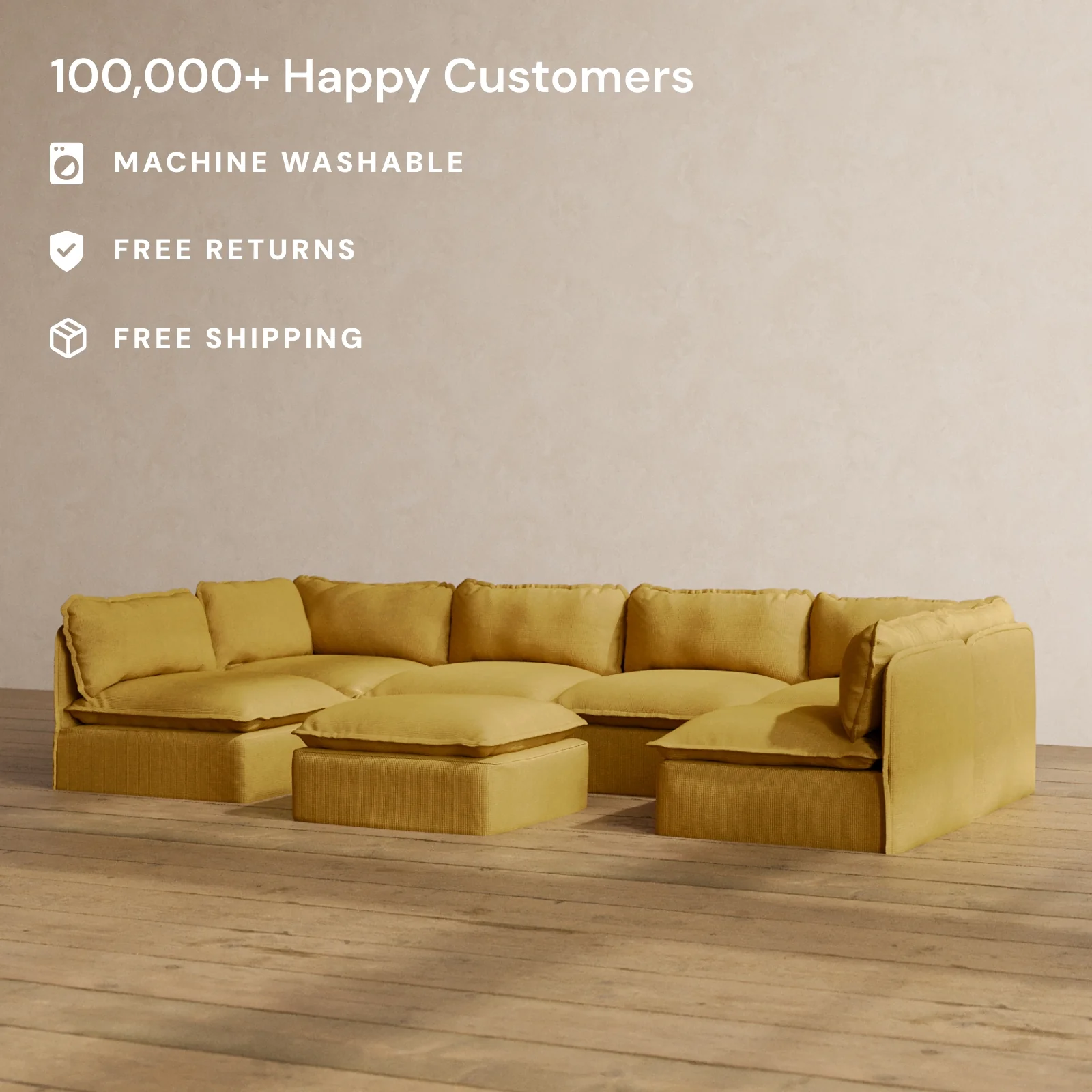 Modular Washable 6-Seater Open-Ends U-Sectional + Ottoman in Kiiro | Memorix+ Seat | Contour Pillow - Image 2