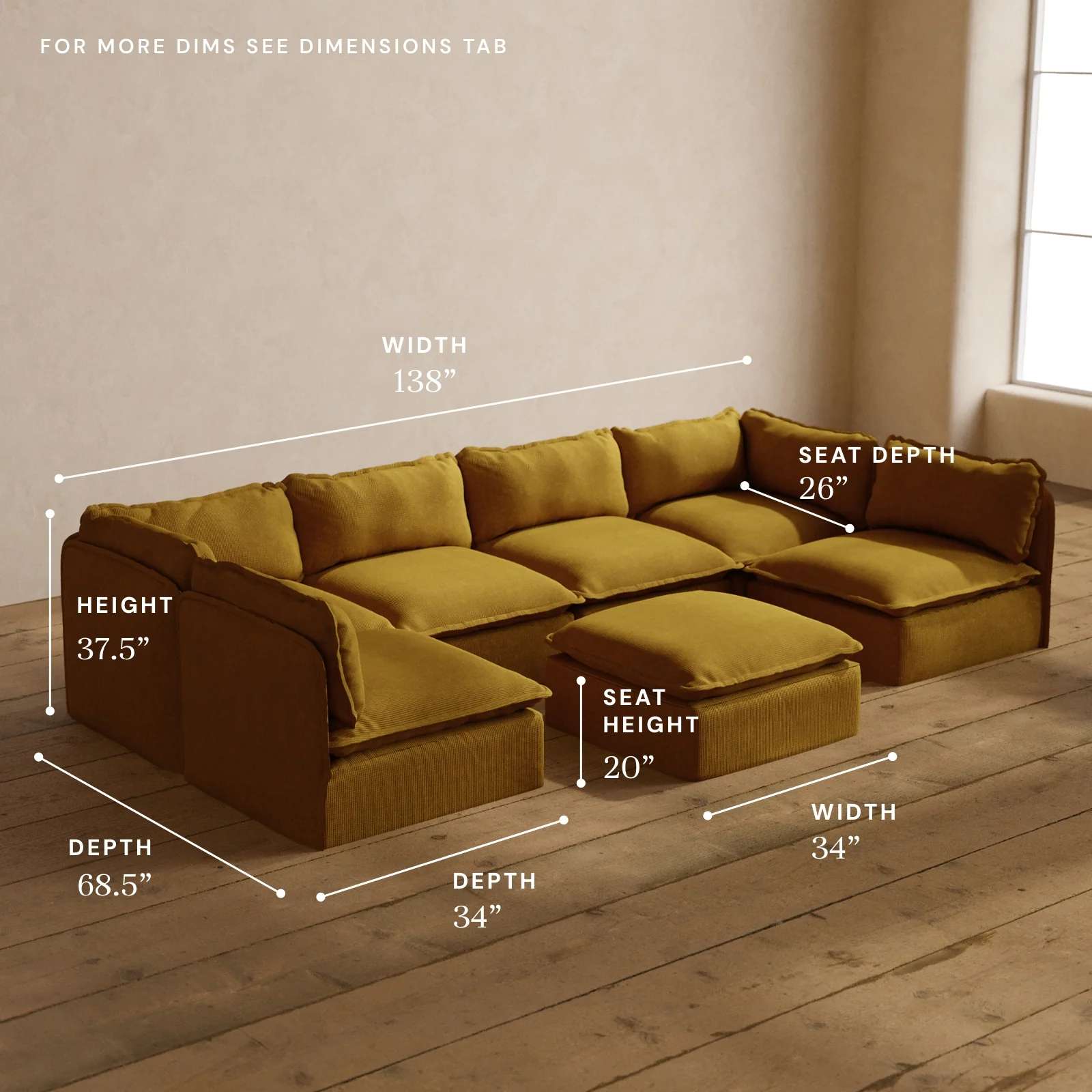 Modular Washable 6-Seater Open-Ends U-Sectional + Ottoman in Kiiro | Memorix+ Seat | Contour Pillow - Image 5