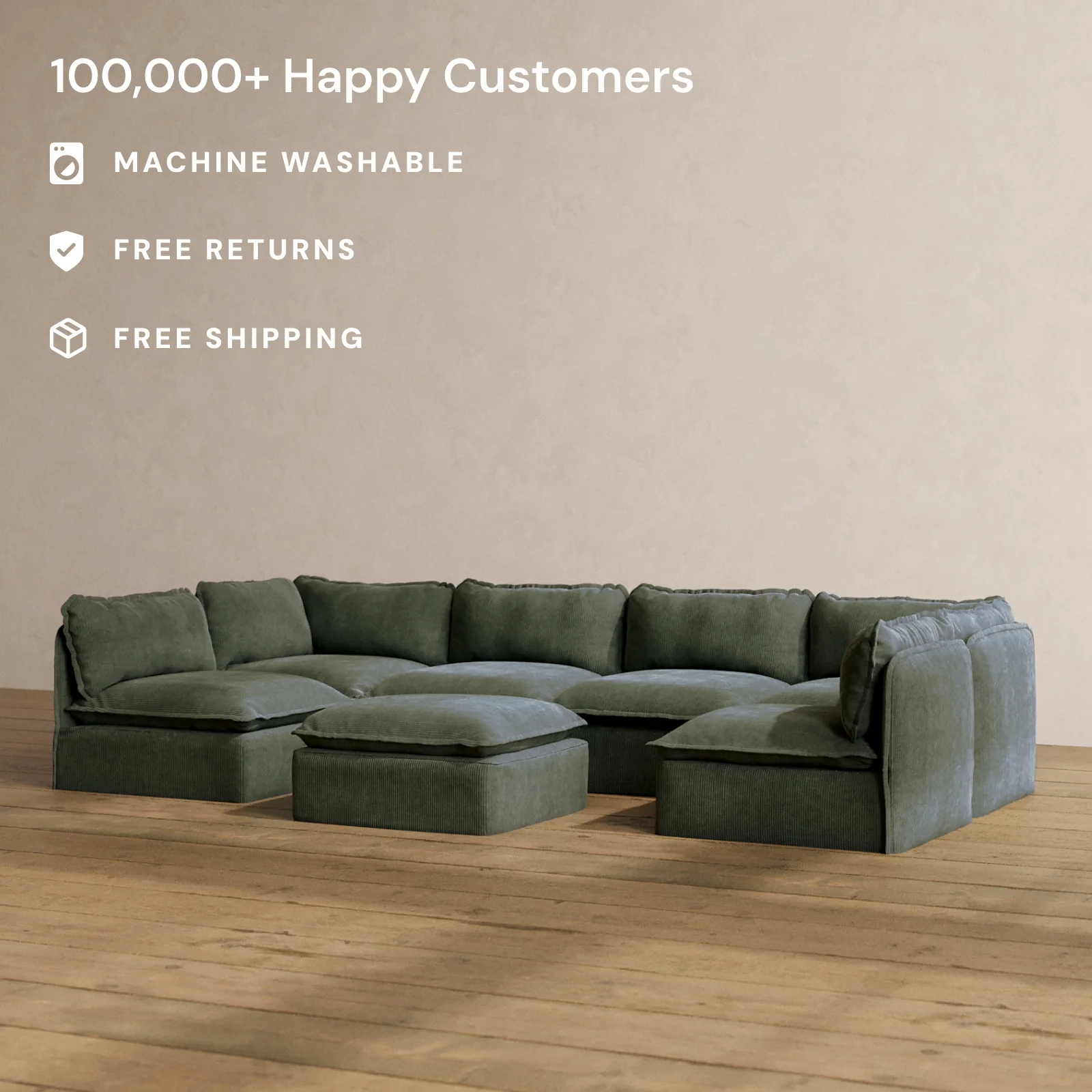 Modular Washable 6-Seater Open-Ends U-Sectional + Ottoman in Olivine | Deluxe+ Seat | Cloud Pillow - Image 2
