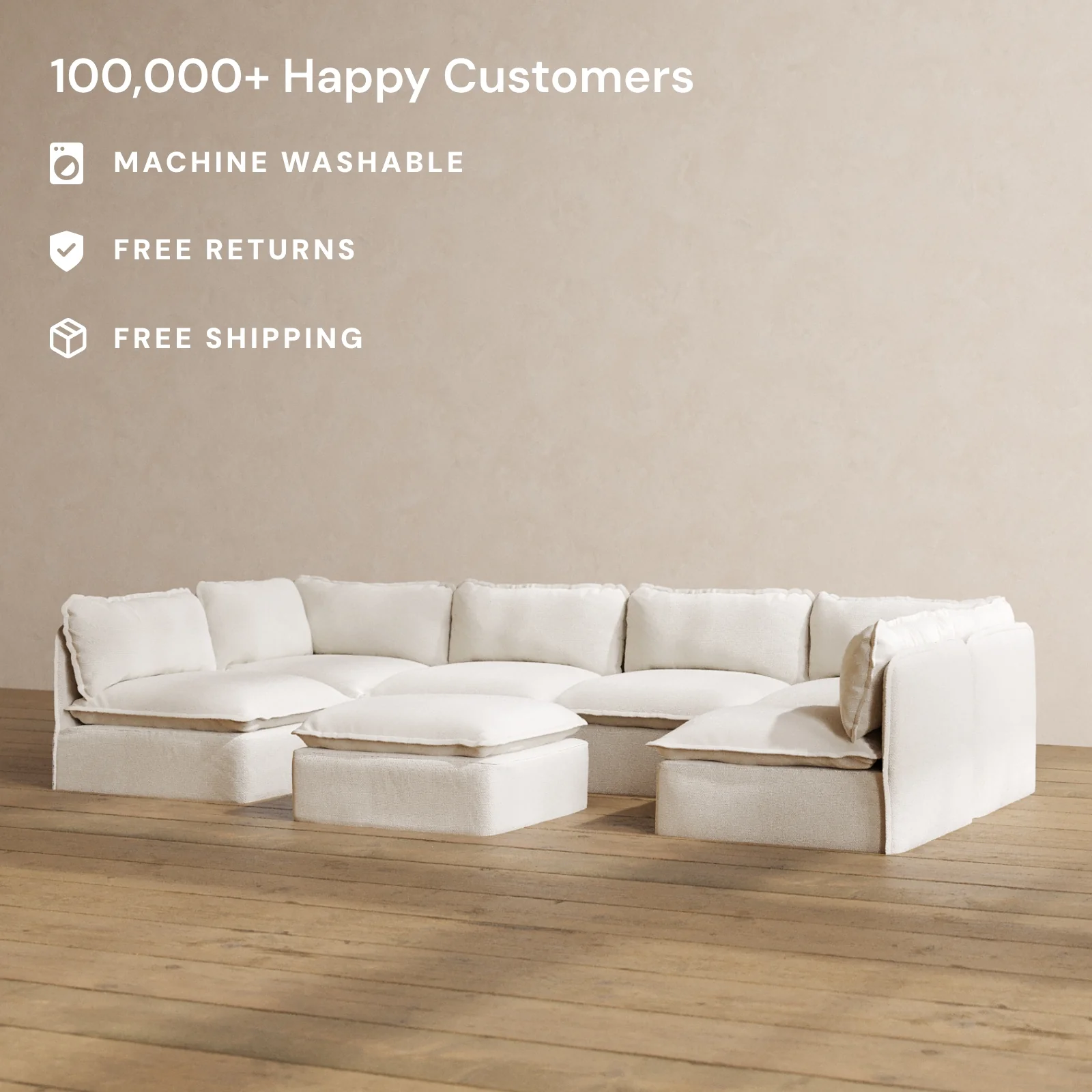 Modular Washable 6-Seater Open-Ends U-Sectional + Ottoman in Powder | Deluxe+ Seat | Cloud Pillow - Image 2