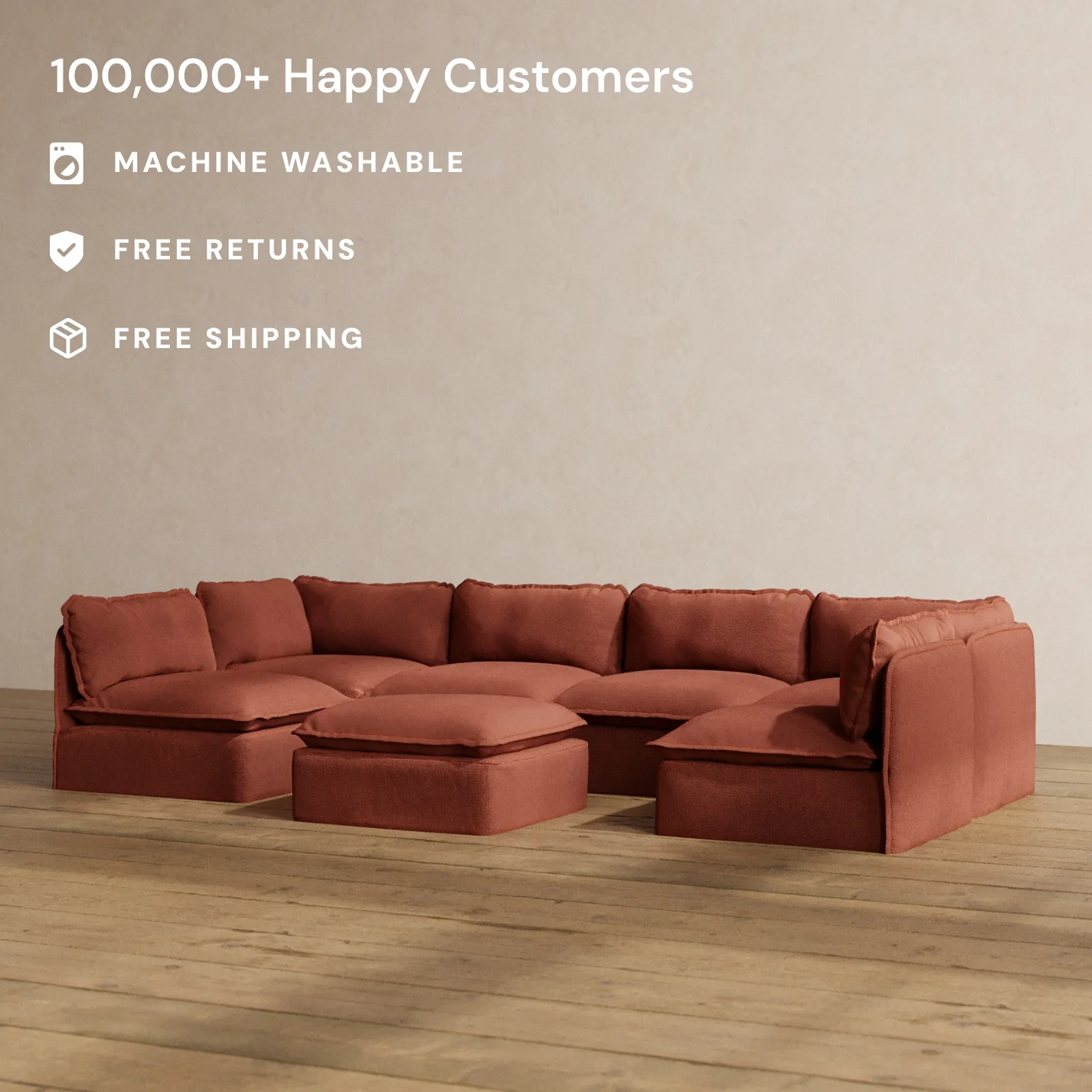 Modular Washable 6-Seater Open-Ends U-Sectional + Ottoman in Rust | Memorix+ Seat | Contour Pillow - Image 2