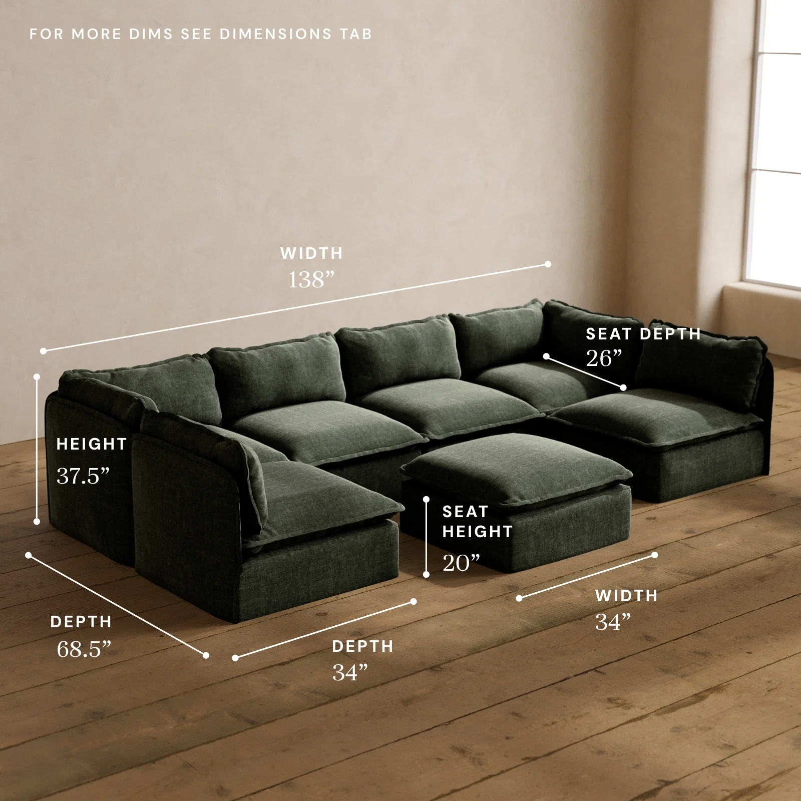 Modular Washable 6-Seater Open-Ends U-Sectional + Ottoman in Willow | Memorix+ Seat | Contour Pillow - Image 5