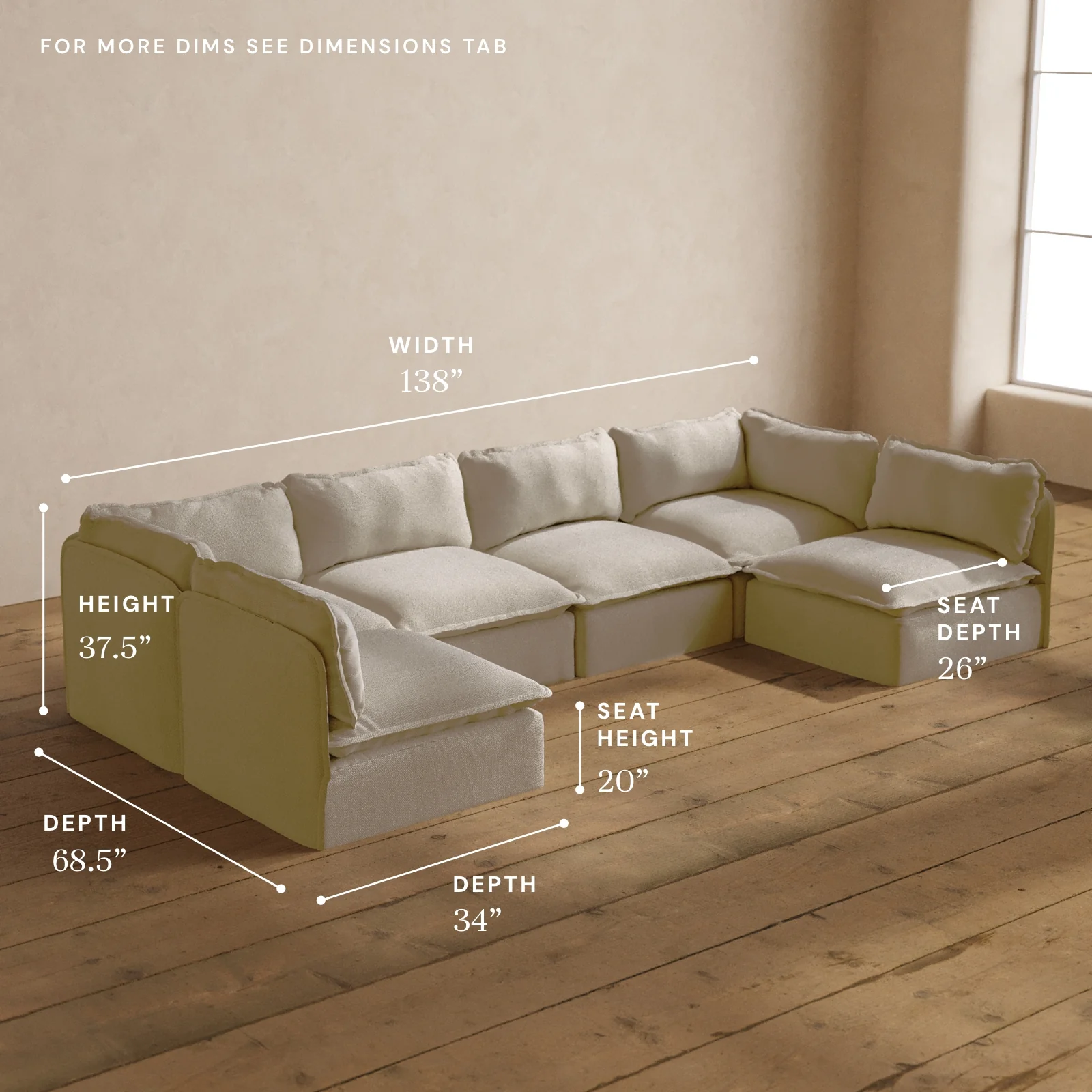 Modular Washable 6-Seater Open-Ends U-Sectional in Powder | Deluxe+ Seat | Cloud Pillow - Image 5
