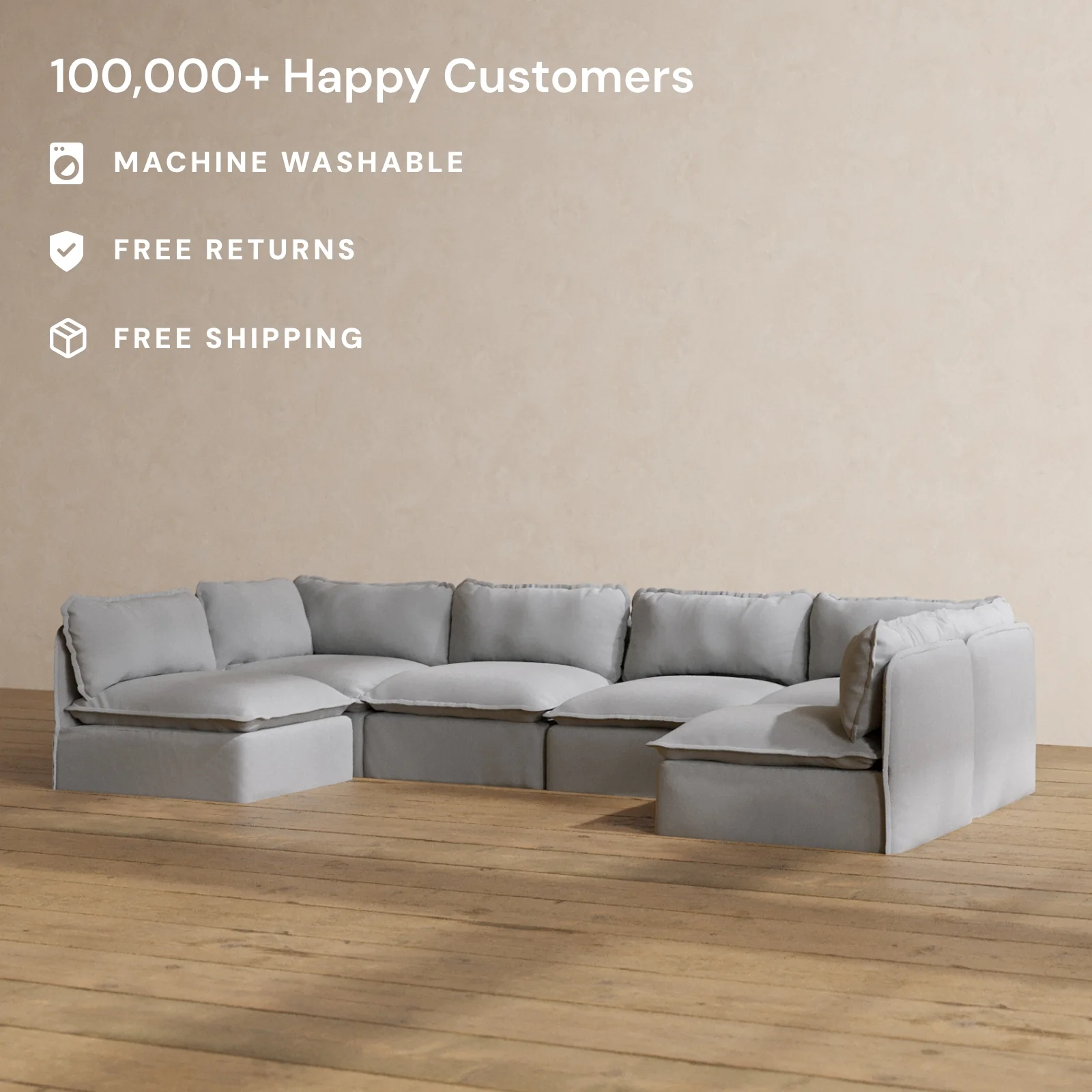 Modular Washable 6-Seater Open-Ends U-Sectional in Pumice | Memorix+ Seat | Contour Pillow - Image 2
