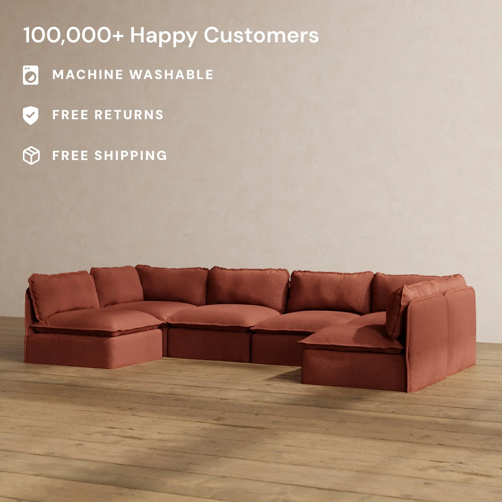 Modular Washable 6-Seater Open-Ends U-Sectional in Rust | Deluxe+ Seat | Cloud Pillow - Image 2