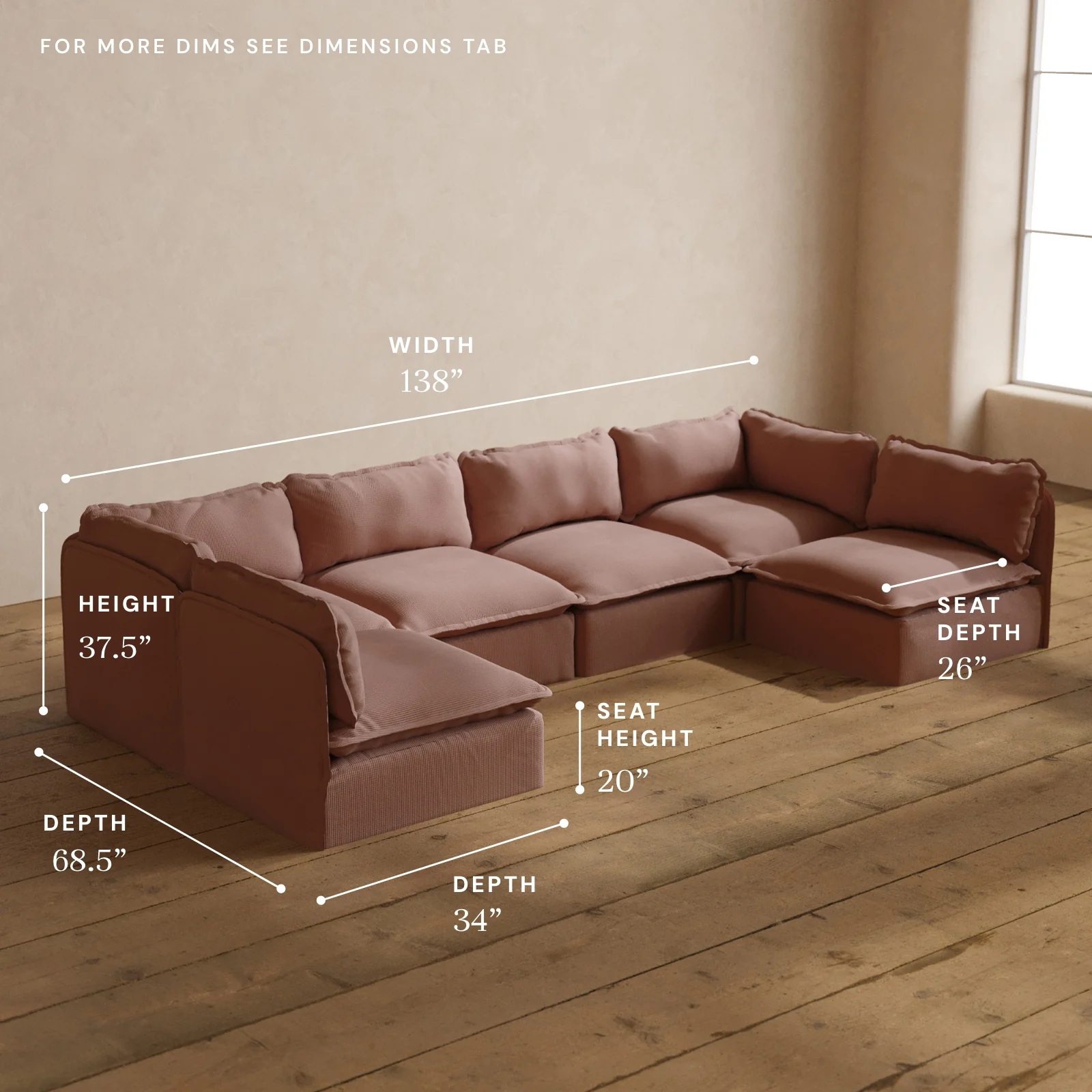 Modular Washable 6-Seater Open-Ends U-Sectional in Sakura | Deluxe+ Seat | Cloud Pillow - Image 5