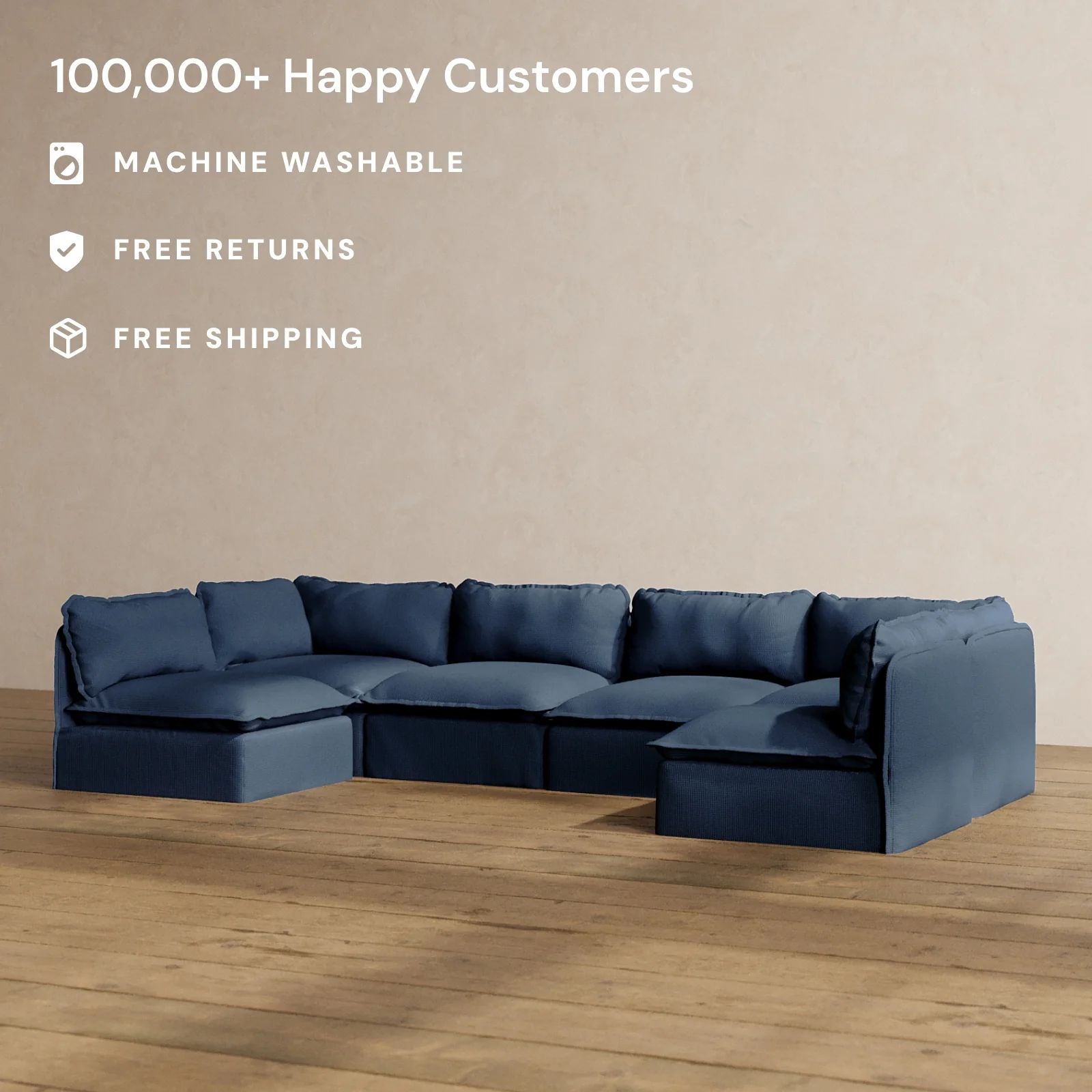 Modular Washable 6-Seater Open-Ends U-Sectional in Sumi | Deluxe+ Seat | Cloud Pillow - Image 2