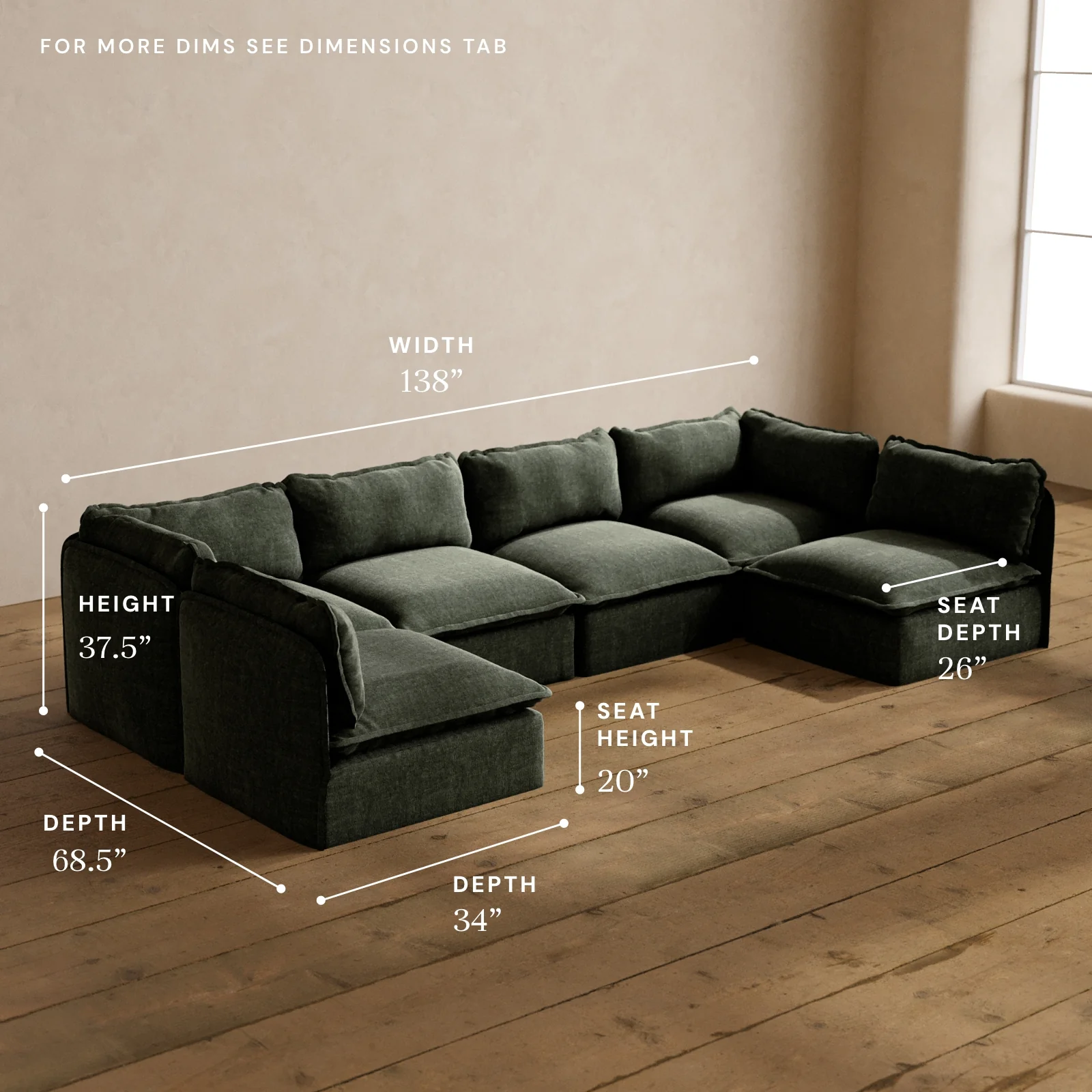 Modular Washable 6-Seater Open-Ends U-Sectional in Willow | Memorix+ Seat | Contour Pillow - Image 5