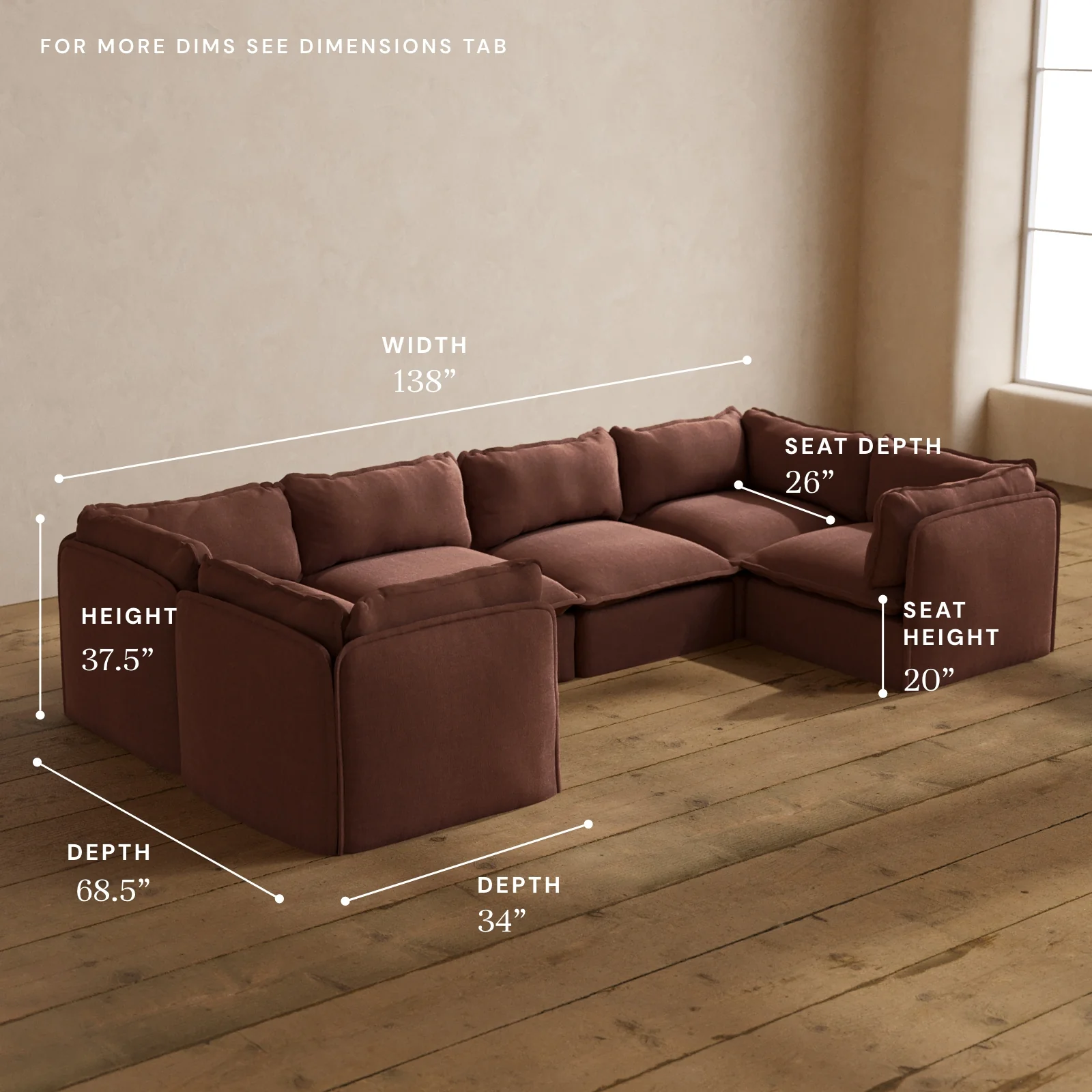 Modular Washable 6-Seater U-Sectional in Chestnut | Memorix+ Seat | Contour Pillow - Image 5