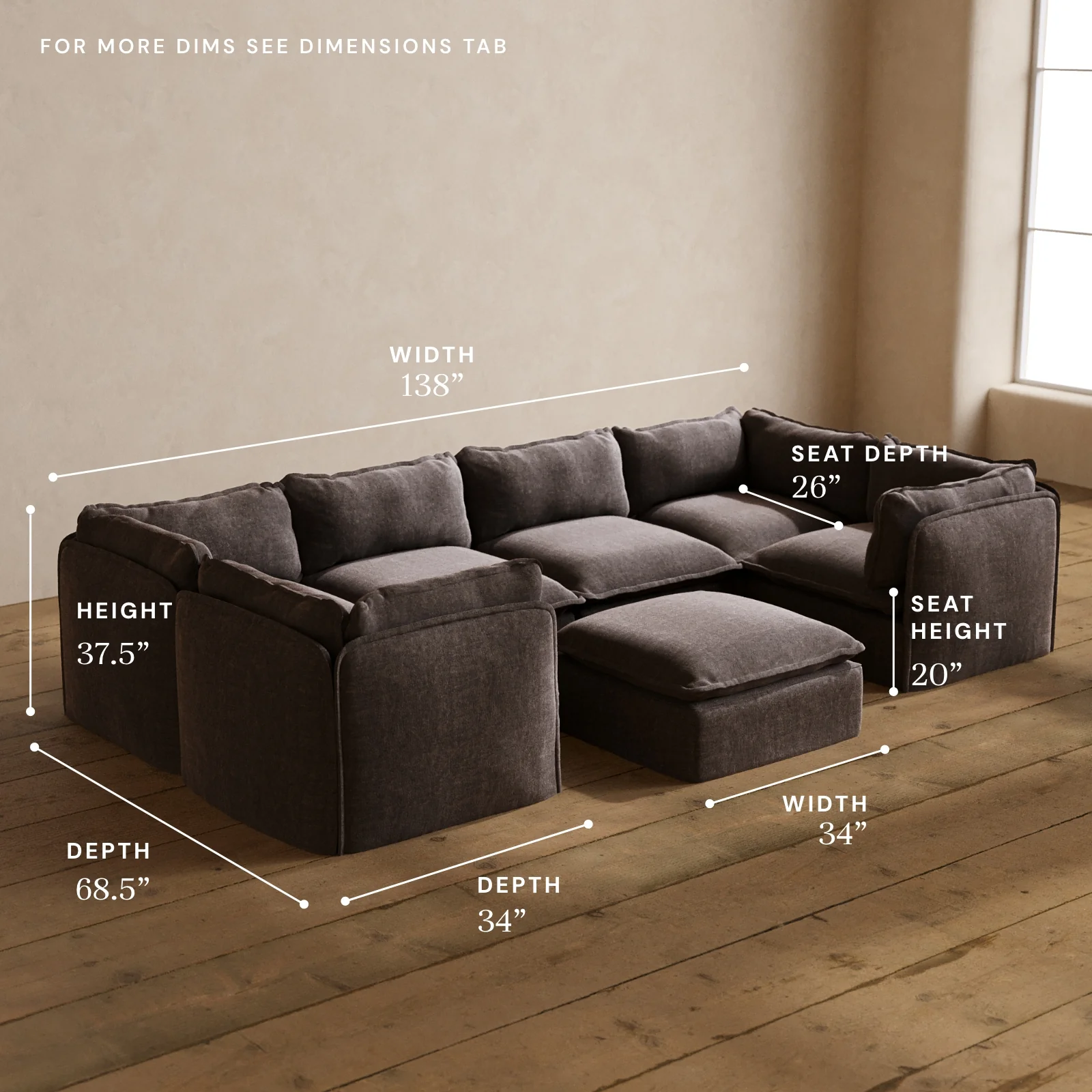 Modular Washable 6-Seater U-Sectional + Ottoman in Caviar | Deluxe+ Seat | Cloud Pillow - Image 5