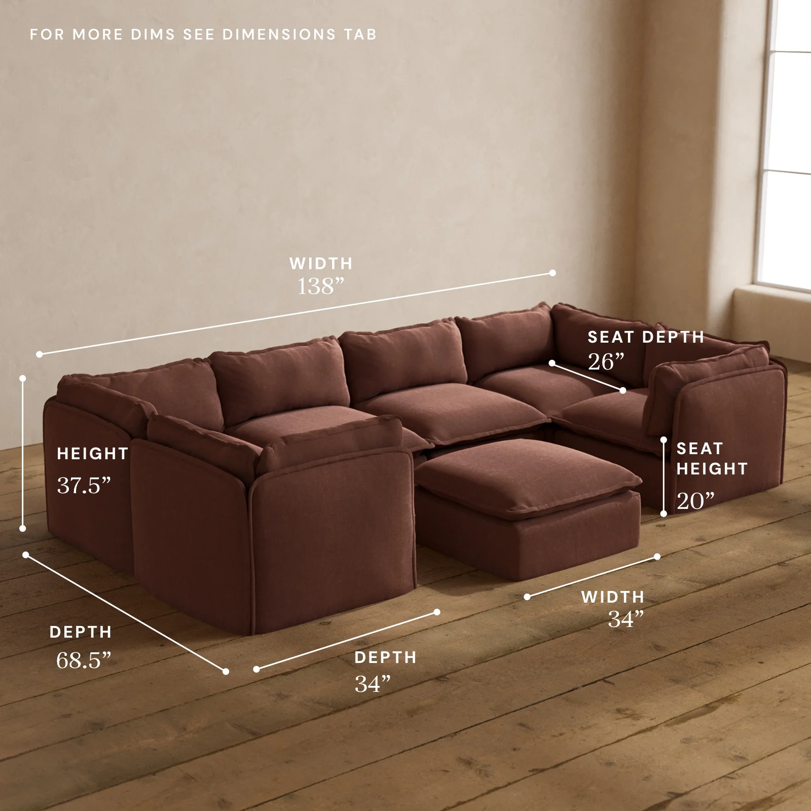 Modular Washable 6-Seater U-Sectional + Ottoman in Chestnut | Deluxe+ Seat | Cloud Pillow - Image 5