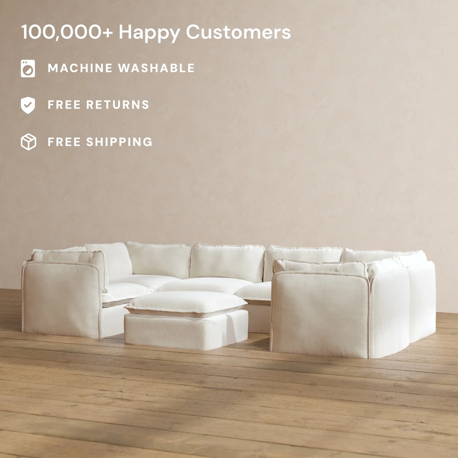Modular Washable 6-Seater U-Sectional + Ottoman in Coco | Deluxe+ Seat | Cloud Pillow - Image 2