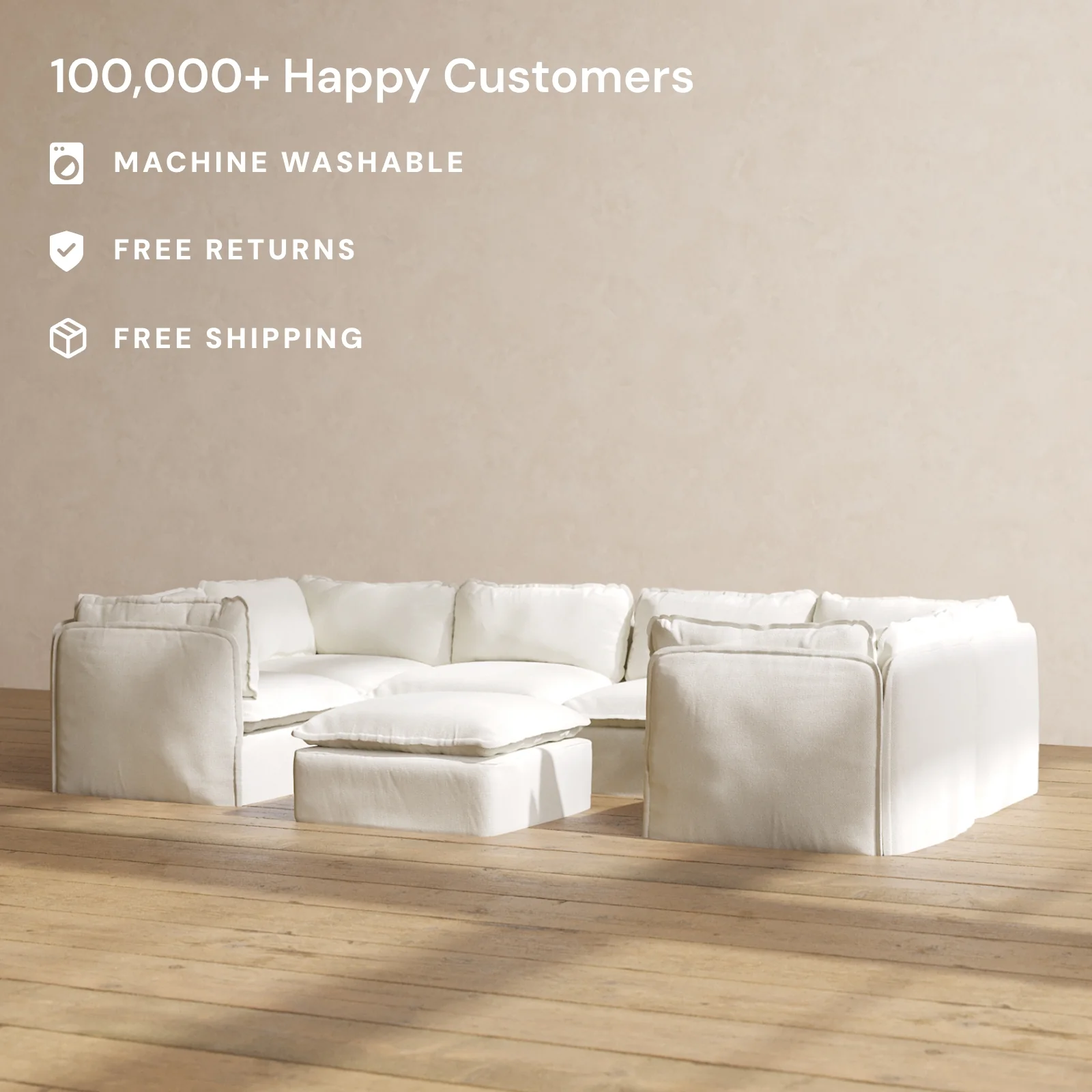 Modular Washable 6-Seater U-Sectional + Ottoman in Eggshell | Memorix+ Seat | Contour Pillow - Image 2