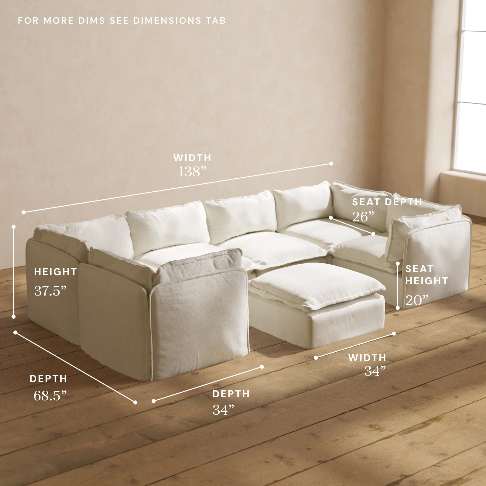 Modular Washable 6-Seater U-Sectional + Ottoman in Eggshell | Memorix+ Seat | Contour Pillow - Image 5