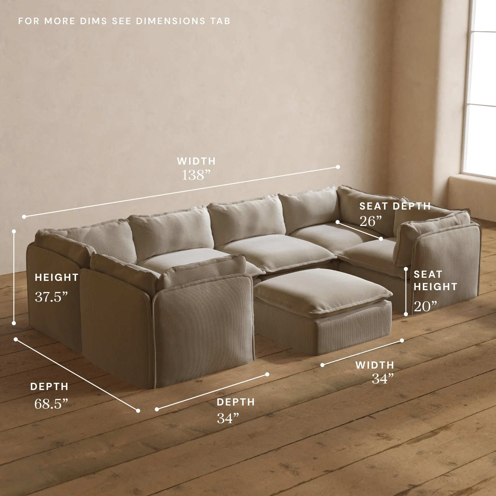 Modular Washable 6-Seater U-Sectional + Ottoman in Milk | Memorix+ Seat | Contour Pillow - Image 5